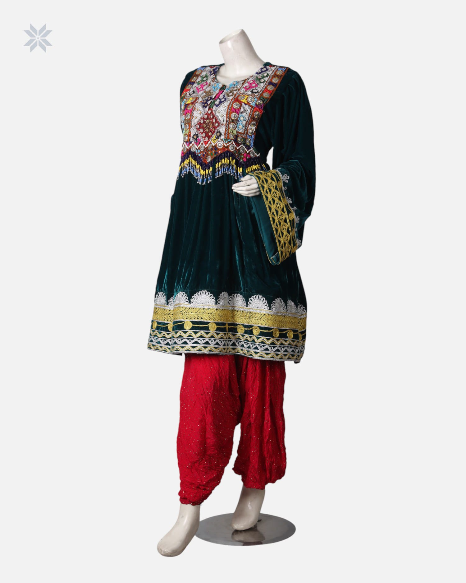 Green Velvet Dress with Pants and Red Shawl