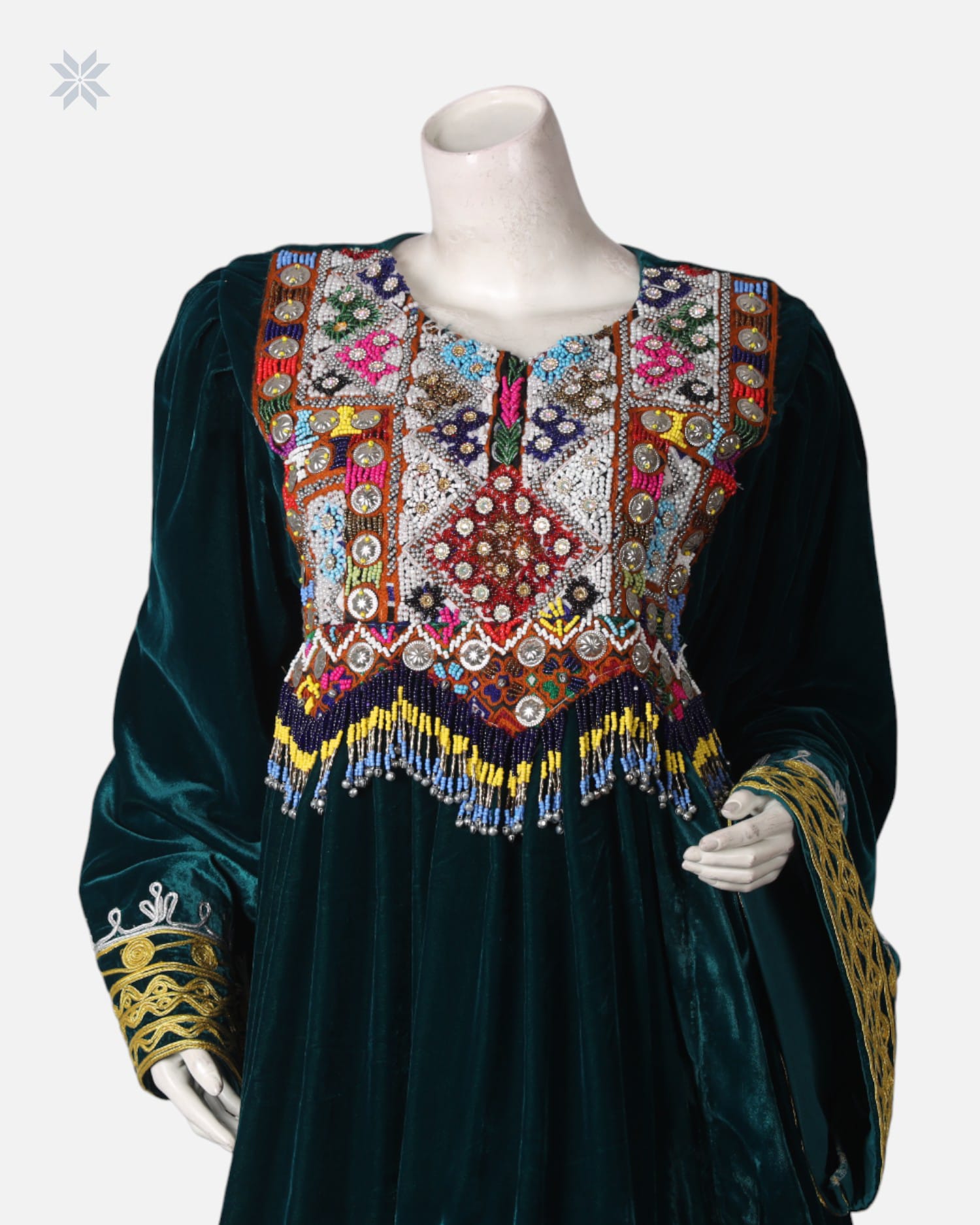Green Velvet Dress with Pants and Red Shawl