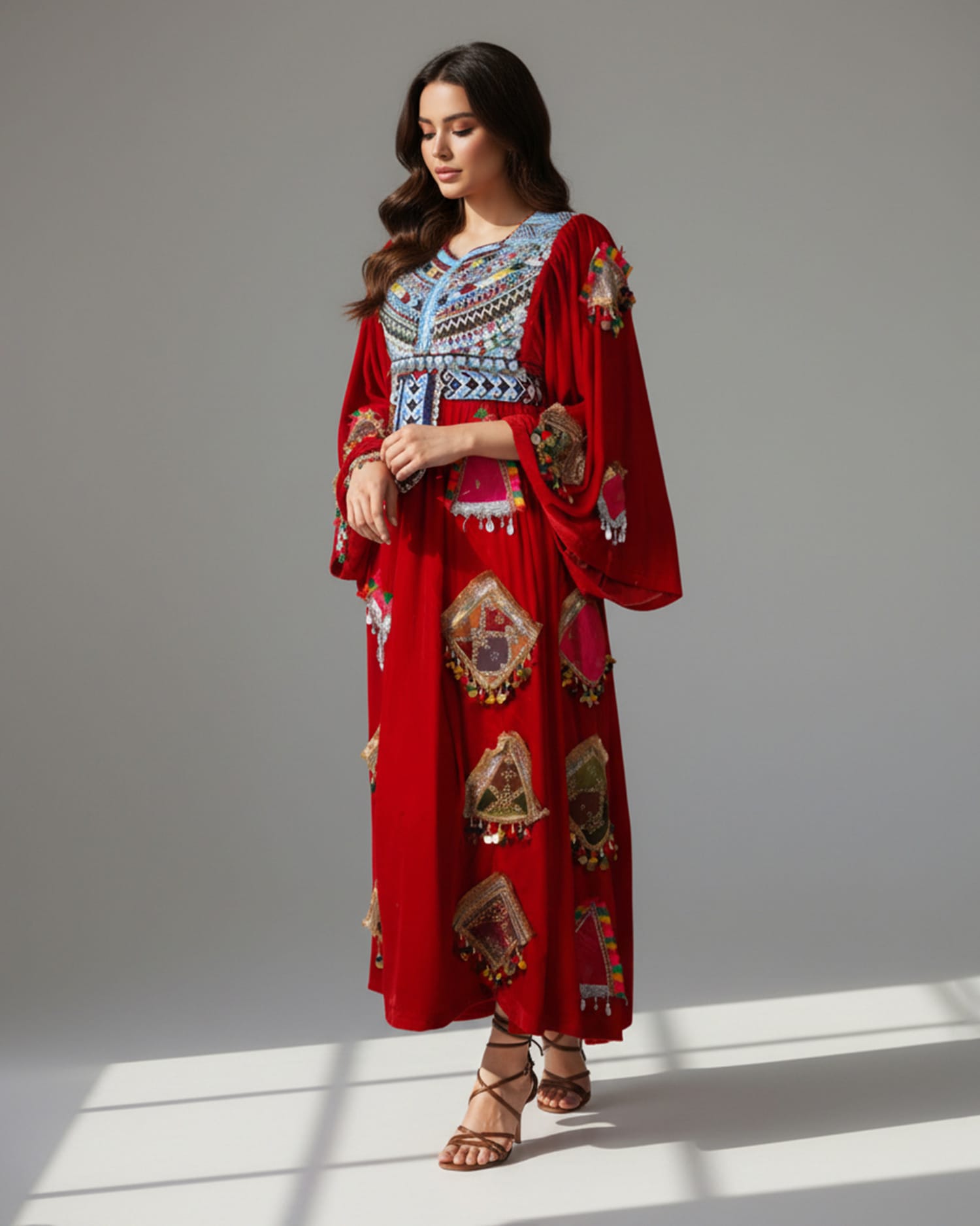 Deep Red Afghan Velvet Dress with Traditional Charama Dozi and Coin Detailing
