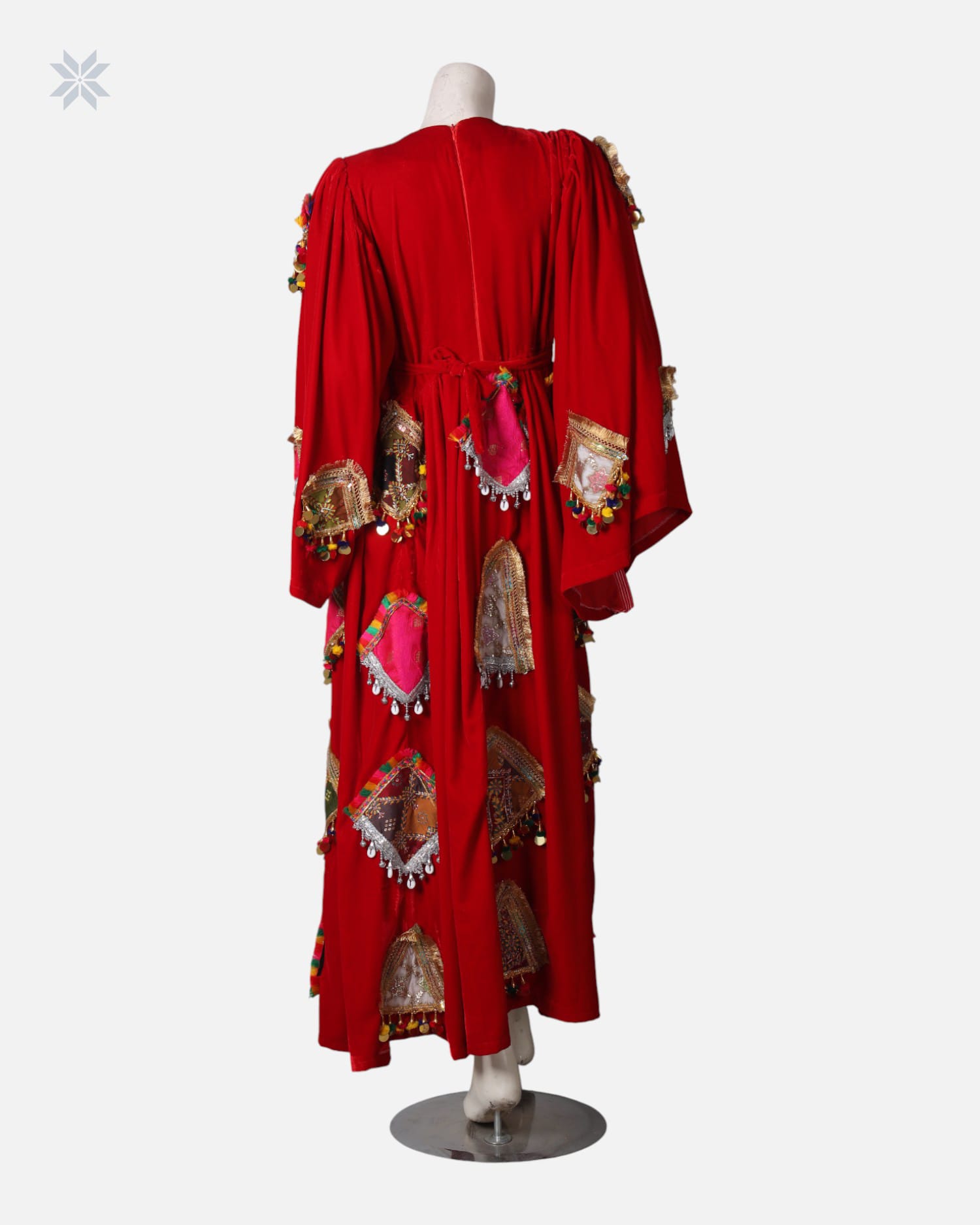 Deep Red Afghan Velvet Dress with Traditional Charama Dozi and Coin Detailing