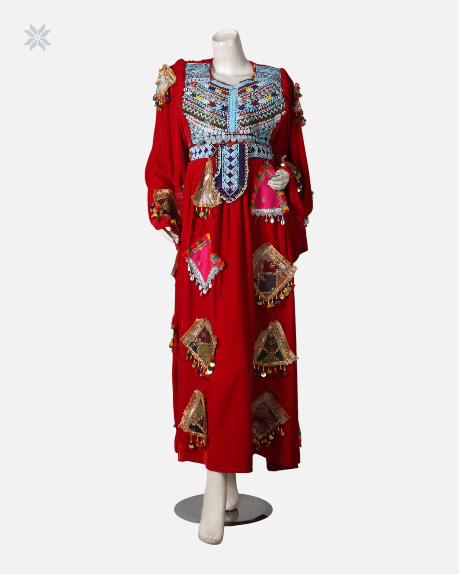Deep Red Afghan Velvet Dress with Traditional Charama Dozi and Coin Detailing