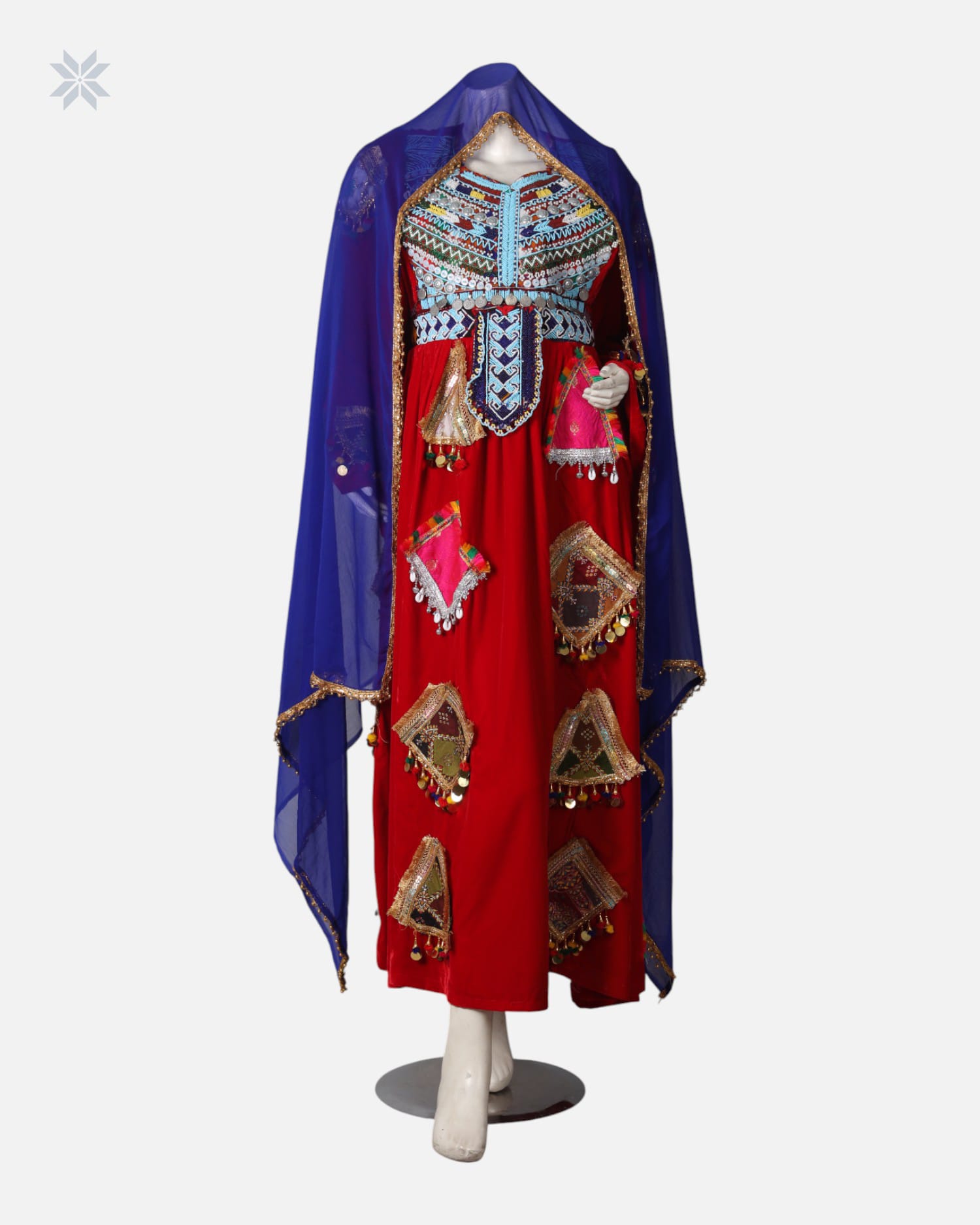 Deep Red Afghan Velvet Dress with Traditional Charama Dozi and Coin Detailing