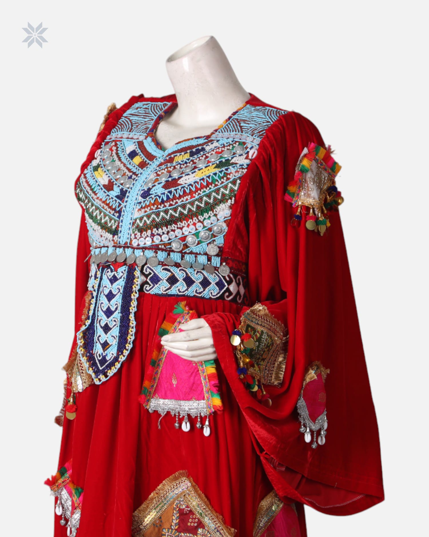 Deep Red Afghan Velvet Dress with Traditional Charama Dozi and Coin Detailing