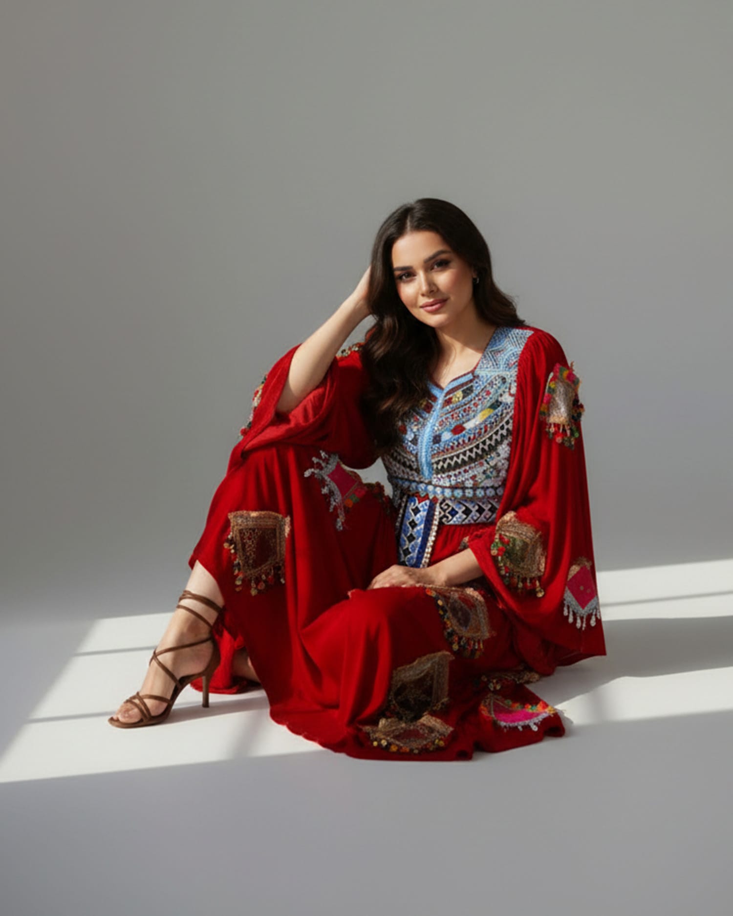 Deep Red Afghan Velvet Dress with Traditional Charama Dozi and Coin Detailing