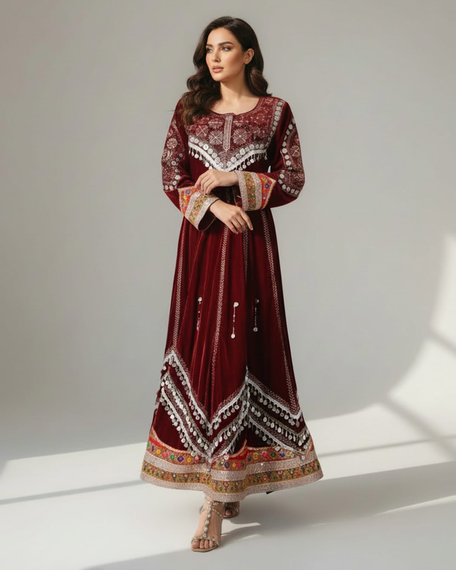 Afghan Traditional Velvet Dress with Elegant Modern Charmadozi