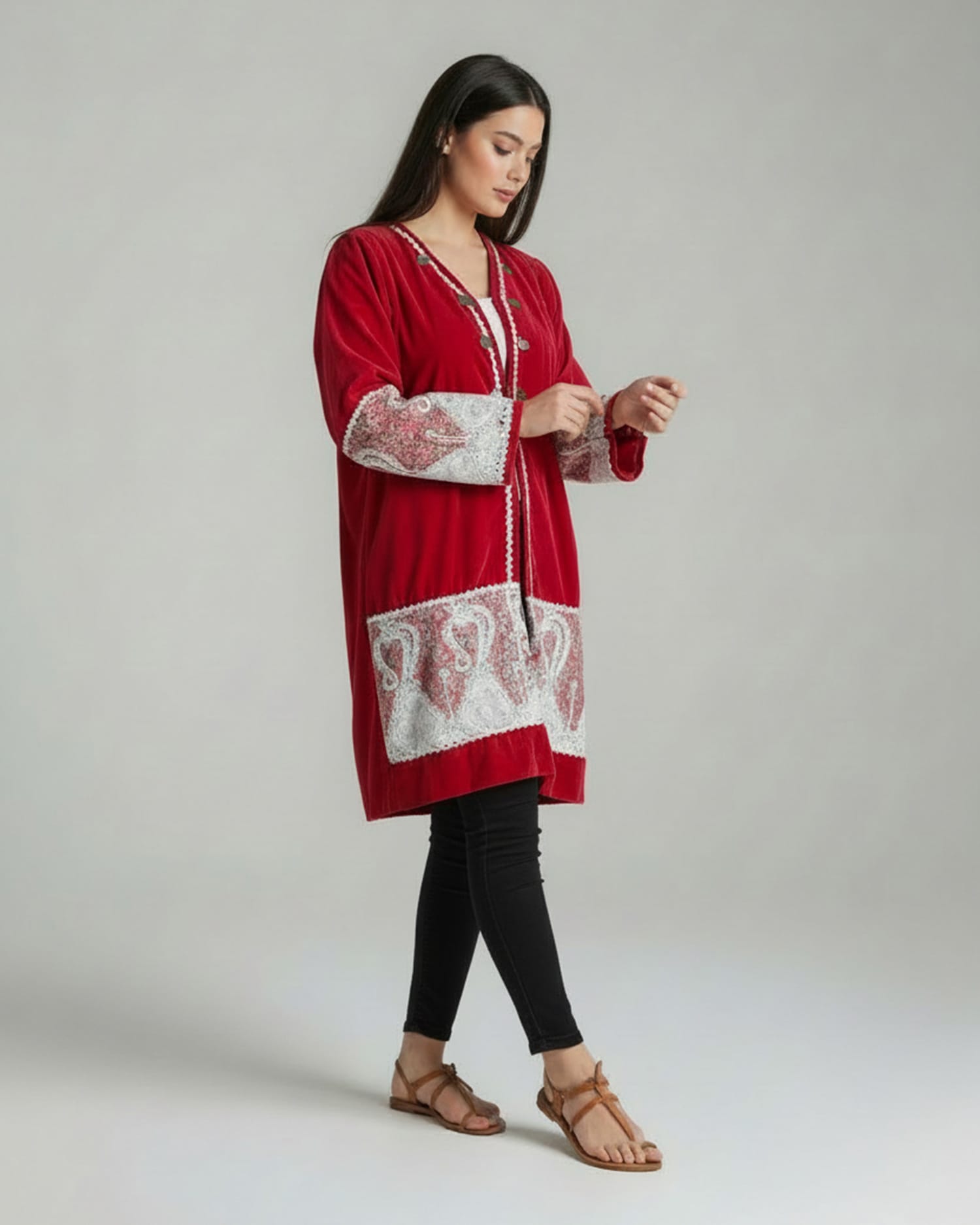 Red Afghan Silk Velvet Sarpatloni with Gulabatoon Work