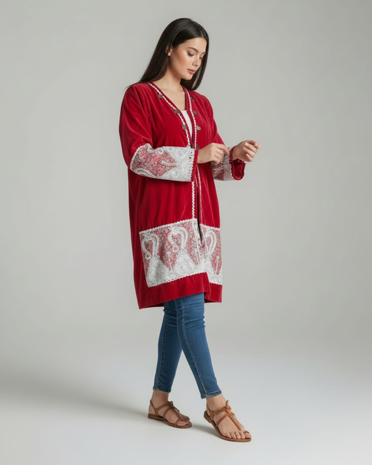 Red Afghan Silk Velvet Sarpatloni with Gulabatoon Work