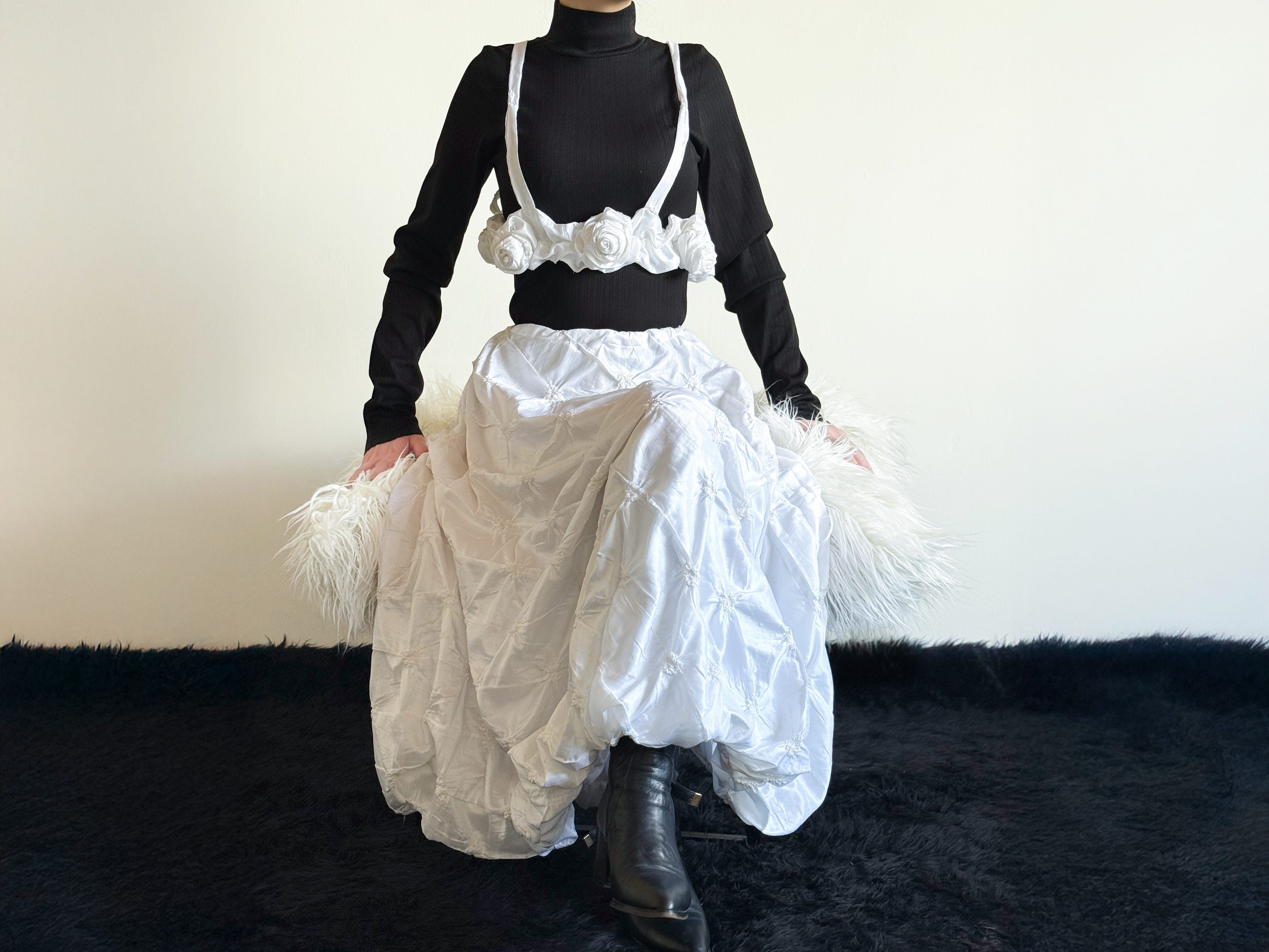 Silk Taffeta Puffy Skirt & 3D Floral Belt