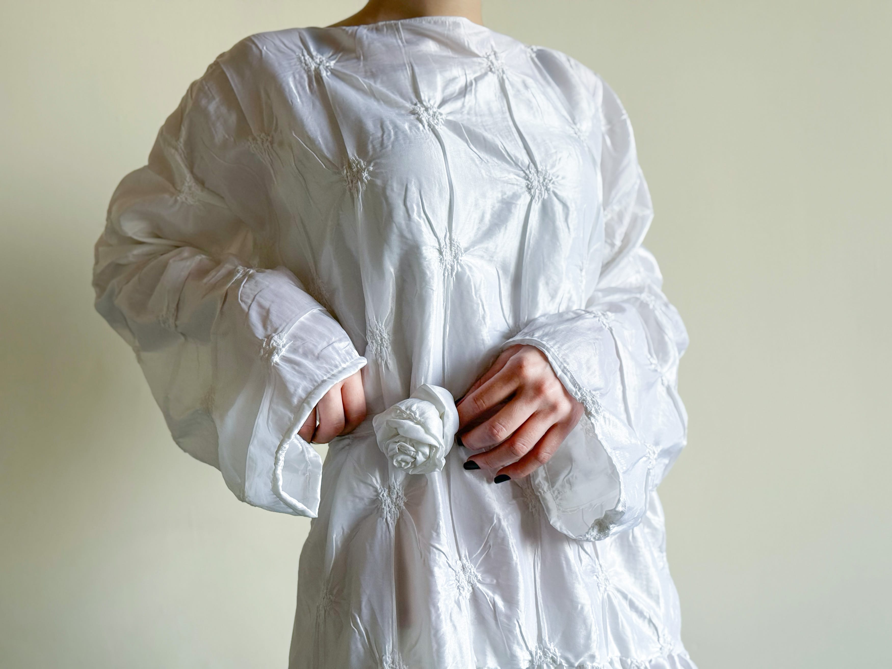 White Silk Taffeta Dress with 3D Flower Belt