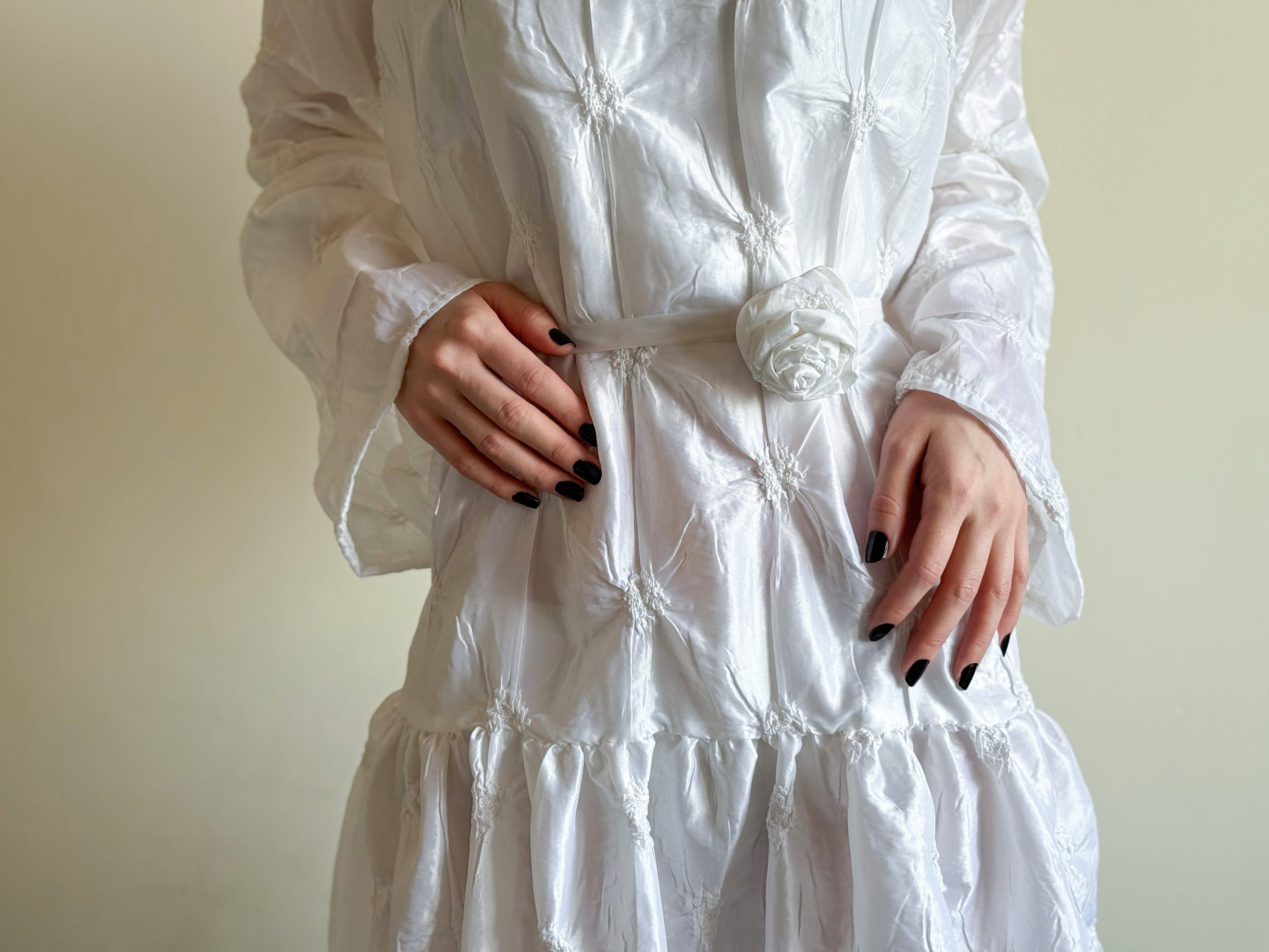 White Silk Taffeta Dress with 3D Flower Belt