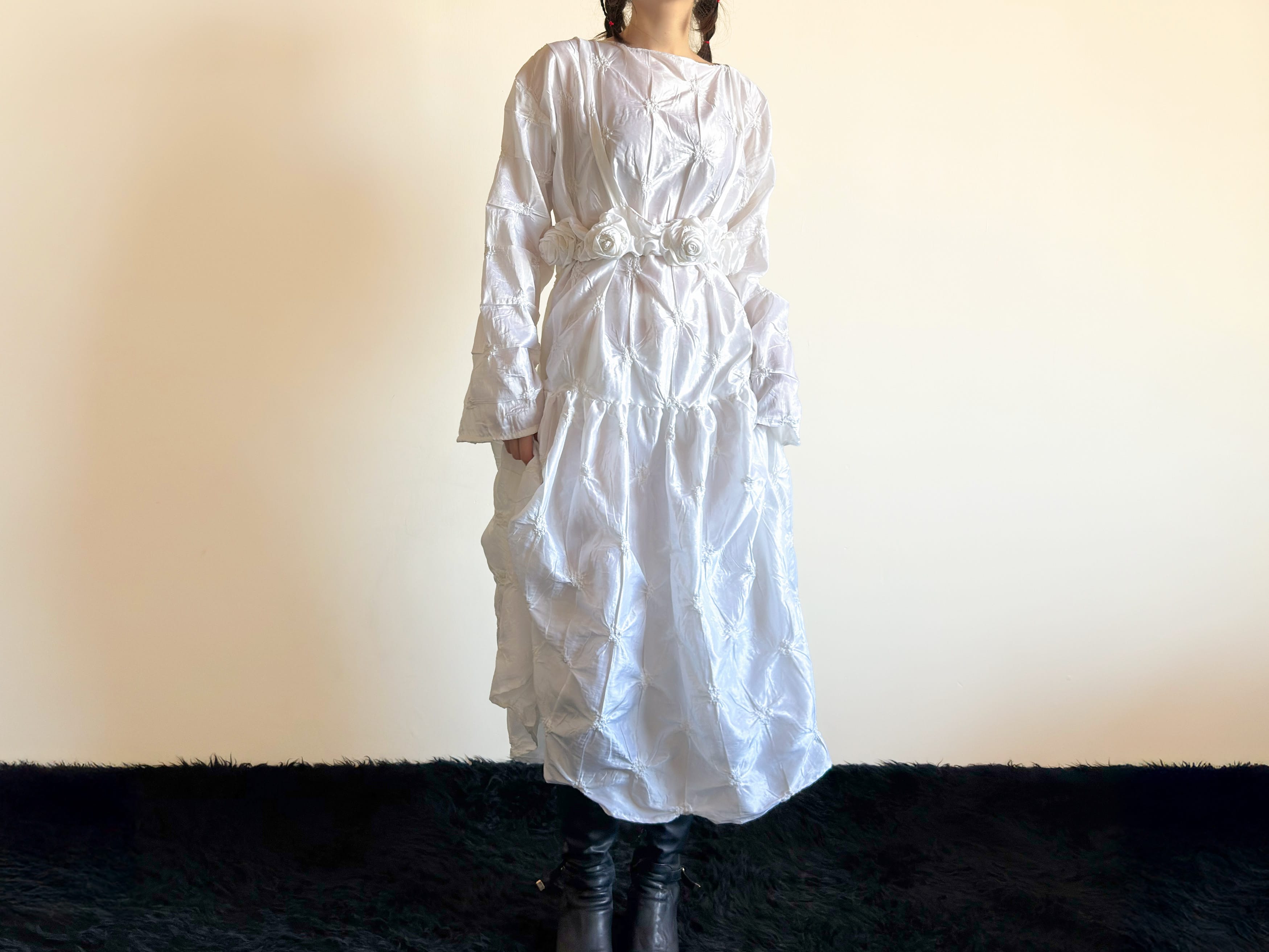 White Silk Taffeta Dress with 3D Flower Belt