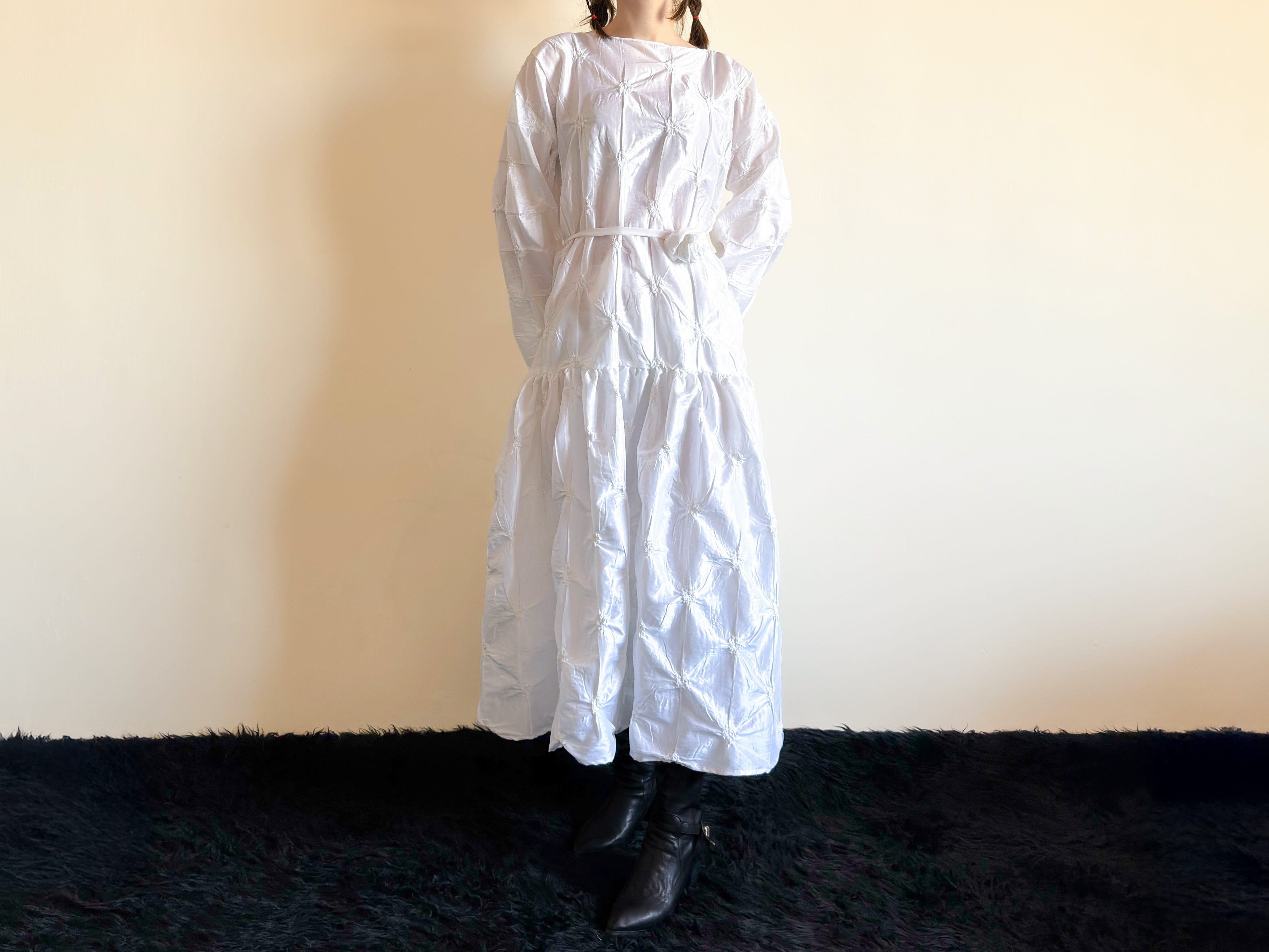 White Silk Taffeta Dress with 3D Flower Belt