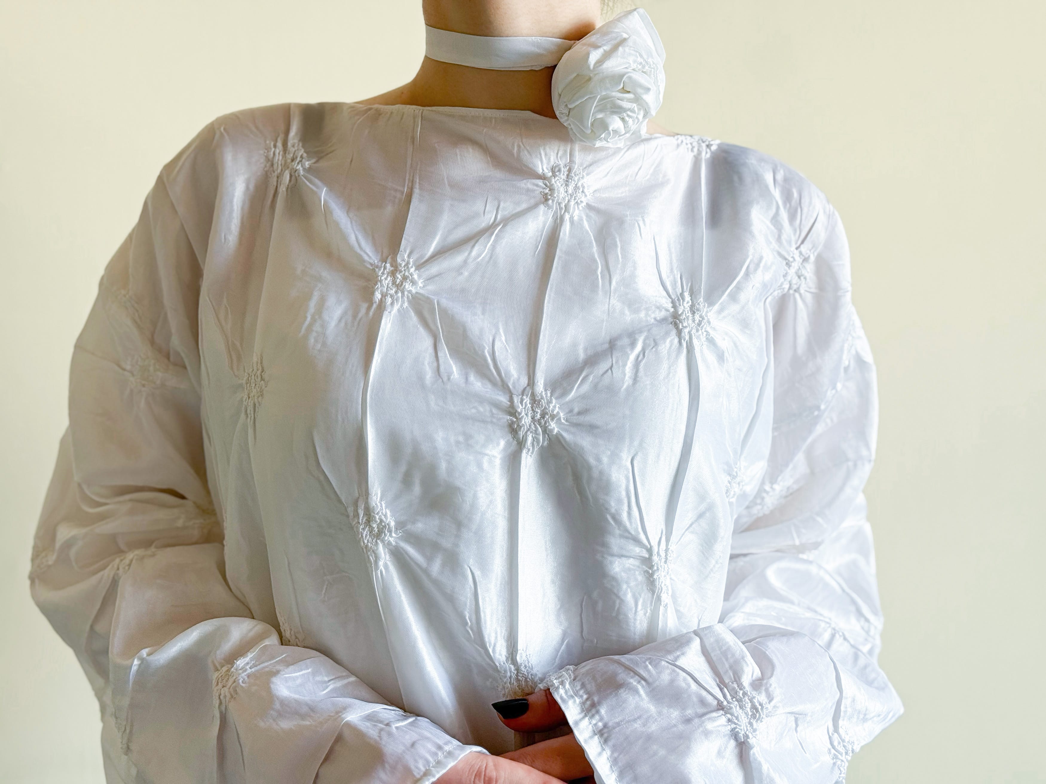 White Silk Taffeta Dress with 3D Flower Belt