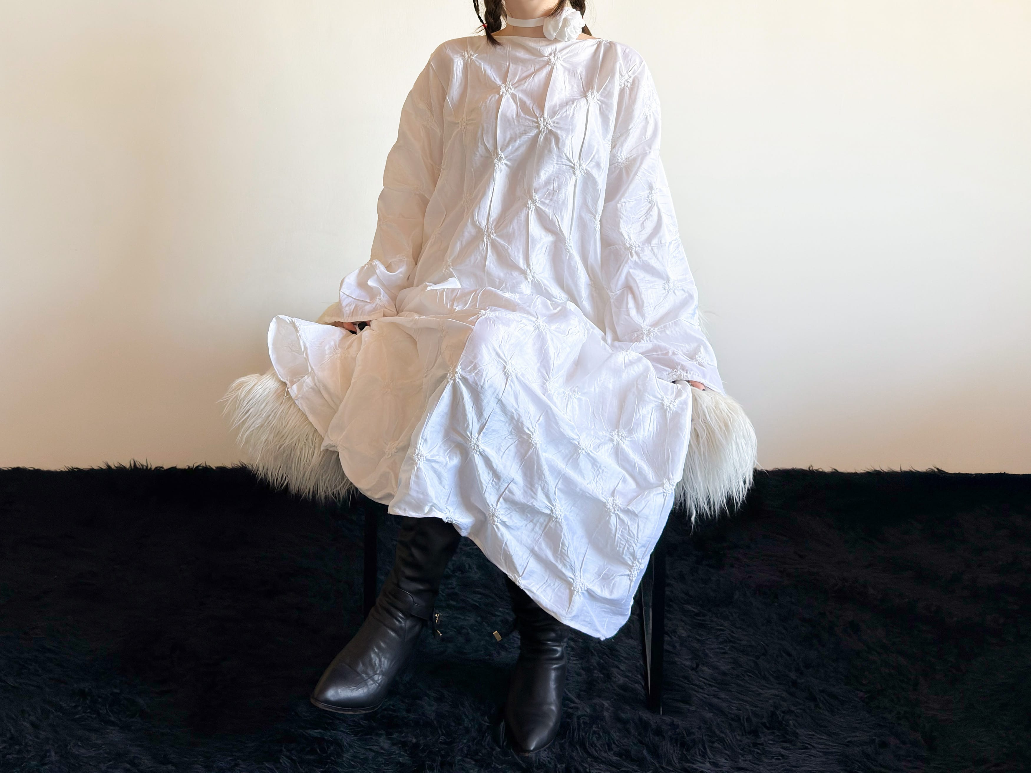 White Silk Taffeta Dress with 3D Flower Belt