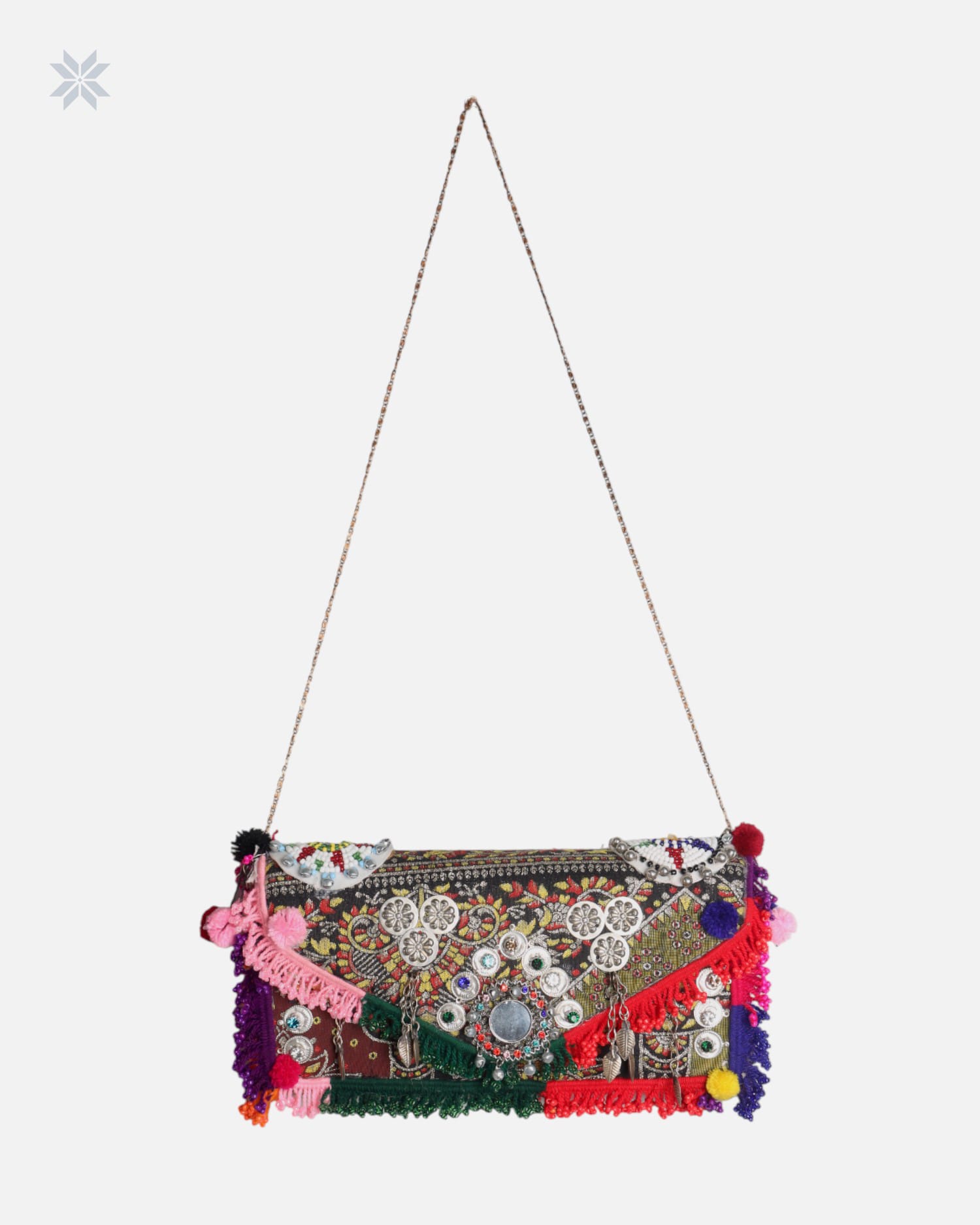 Handmade Afghan Clutch Bag with Pom Poms
