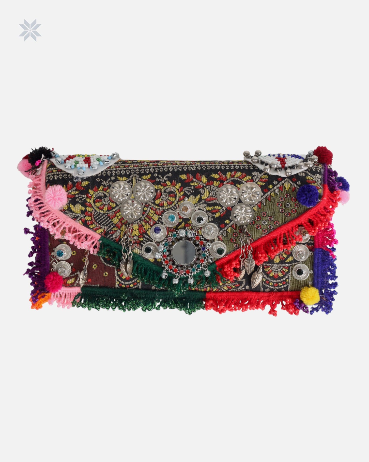 Handmade Afghan Clutch Bag with Pom Poms