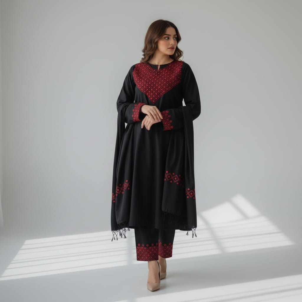 Women’s Punjabi 3-Piece Set – Black Cotton with Red Hand Embroidery