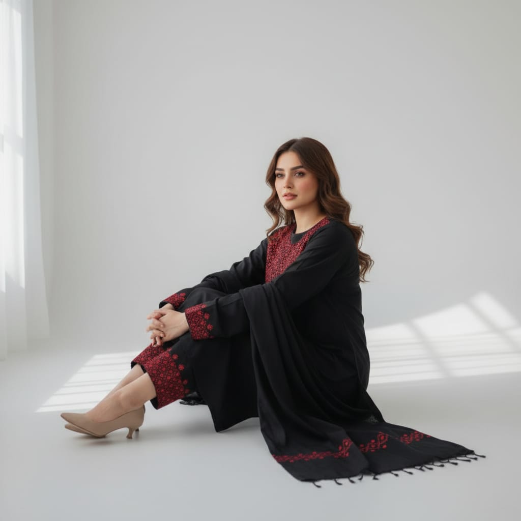 Women’s Punjabi 3-Piece Set – Black Cotton with Red Hand Embroidery