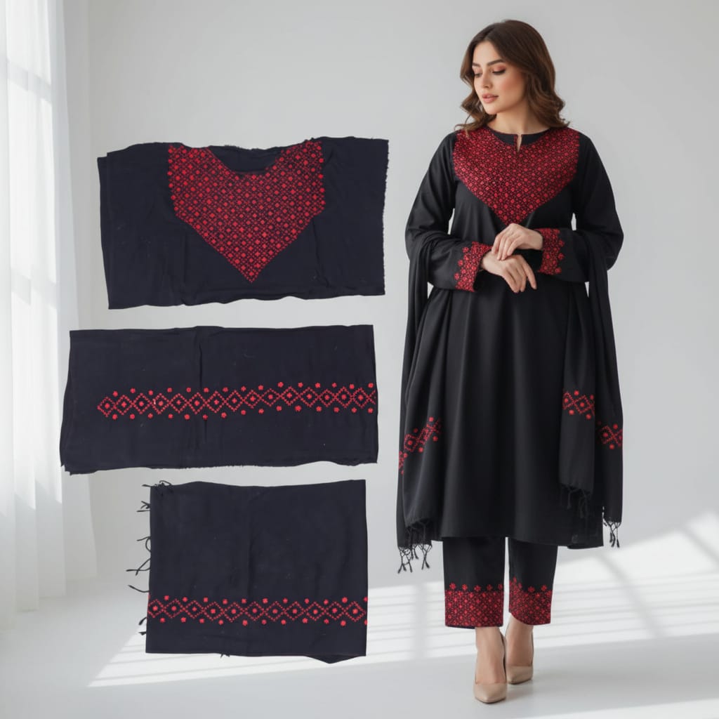 Women’s Punjabi 3-Piece Set – Black Cotton with Red Hand Embroidery