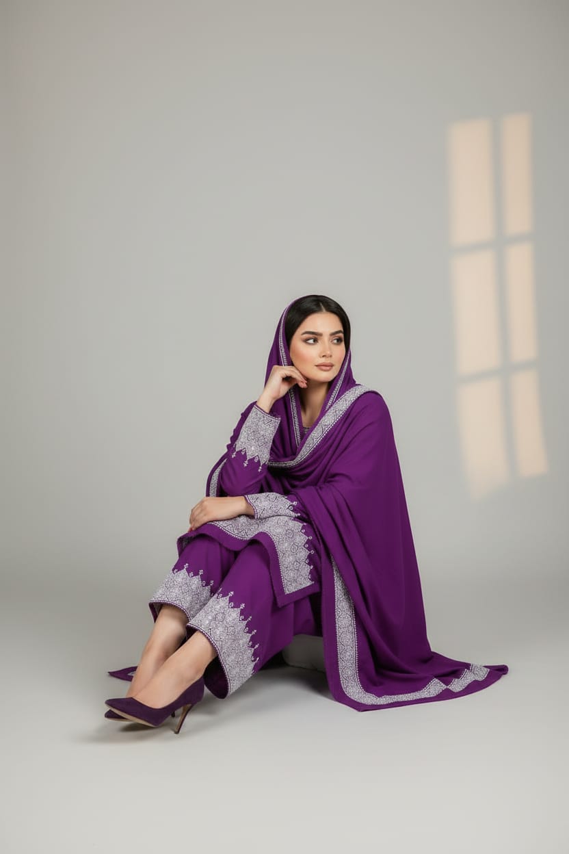 Purple Afghan Khamek Embroidery Dress – Non-Sewn 3PC Set
