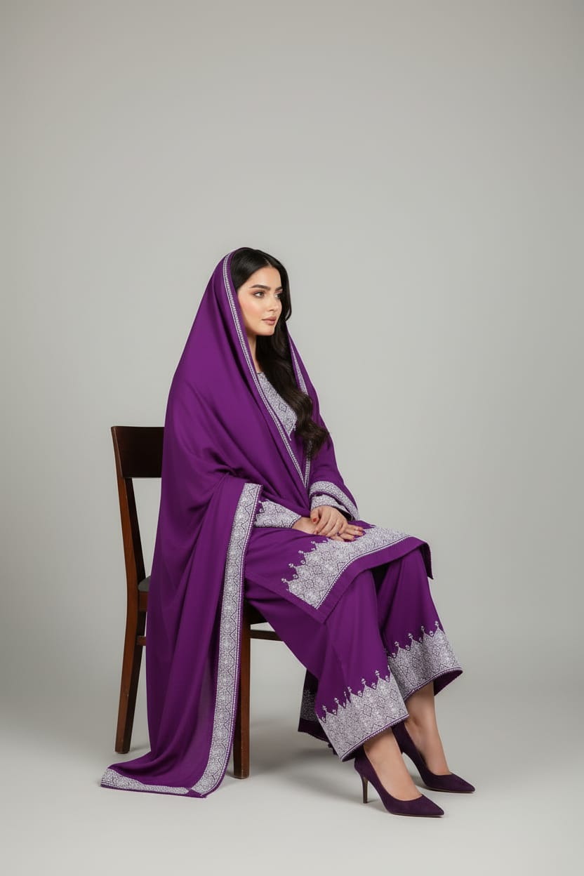 Purple Afghan Khamek Embroidery Dress – Non-Sewn 3PC Set