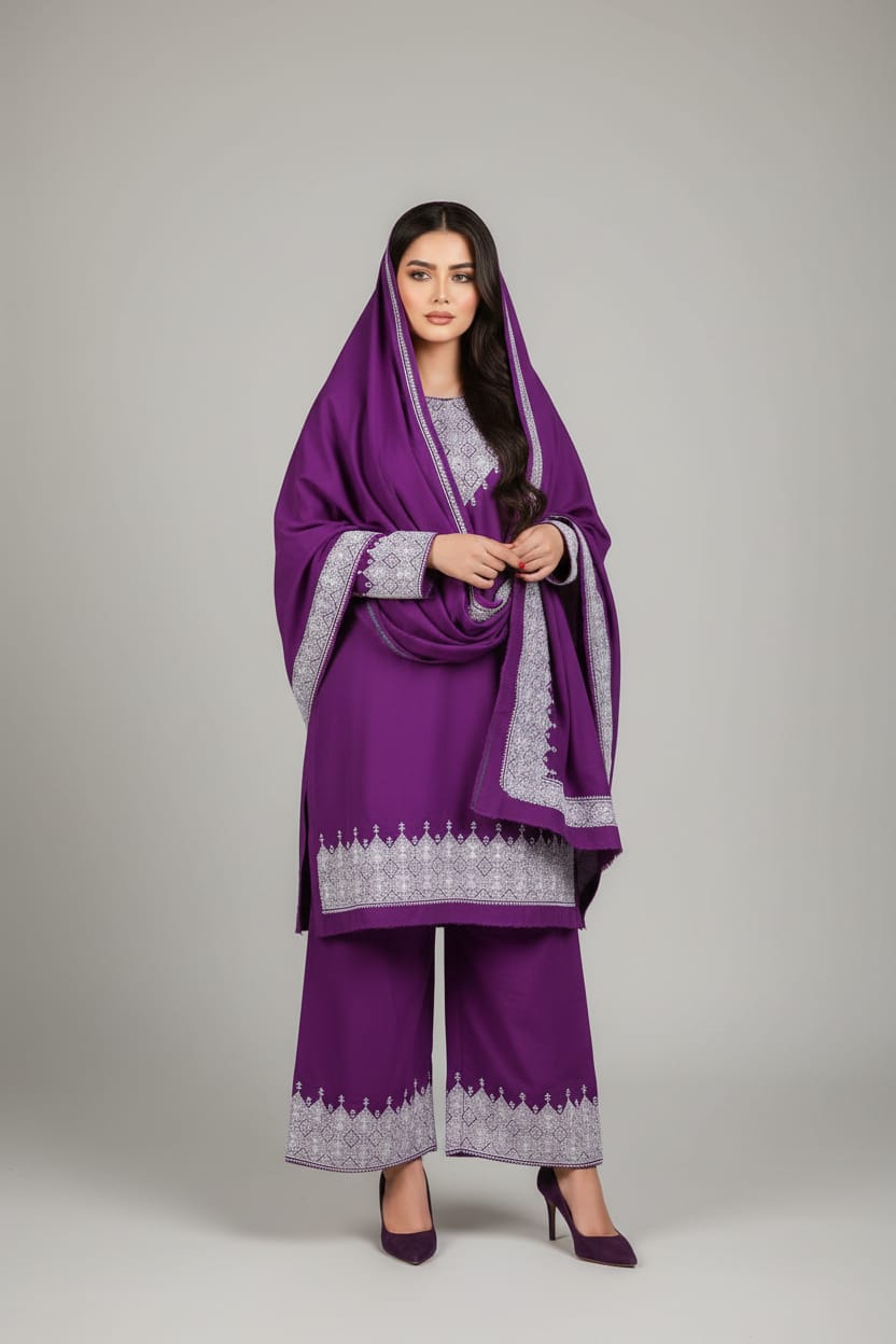 Purple Afghan Khamek Embroidery Dress – Non-Sewn 3PC Set