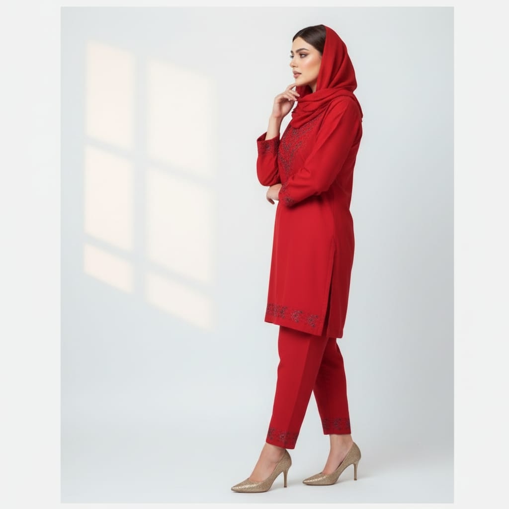 Punjabi Dress Fabric | Red Unstitched 3-Piece Set