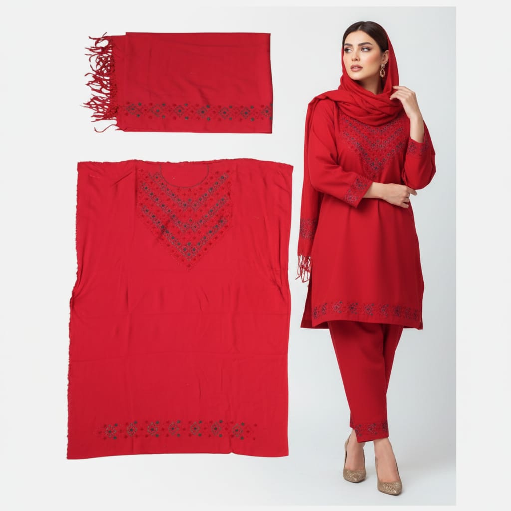 Punjabi Dress Fabric | Red Unstitched 3-Piece Set