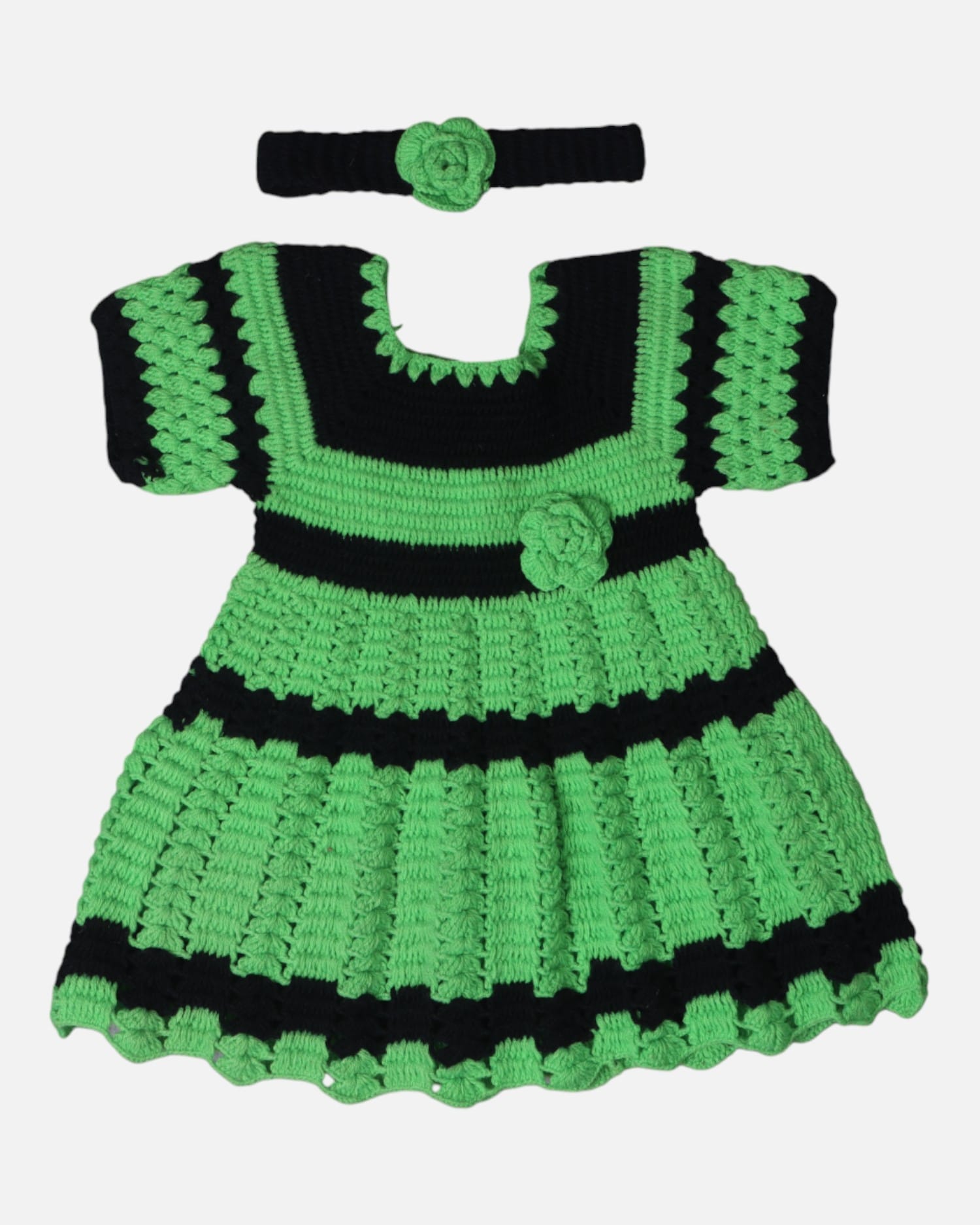 Green & Black Handmade Knitted Baby Dress