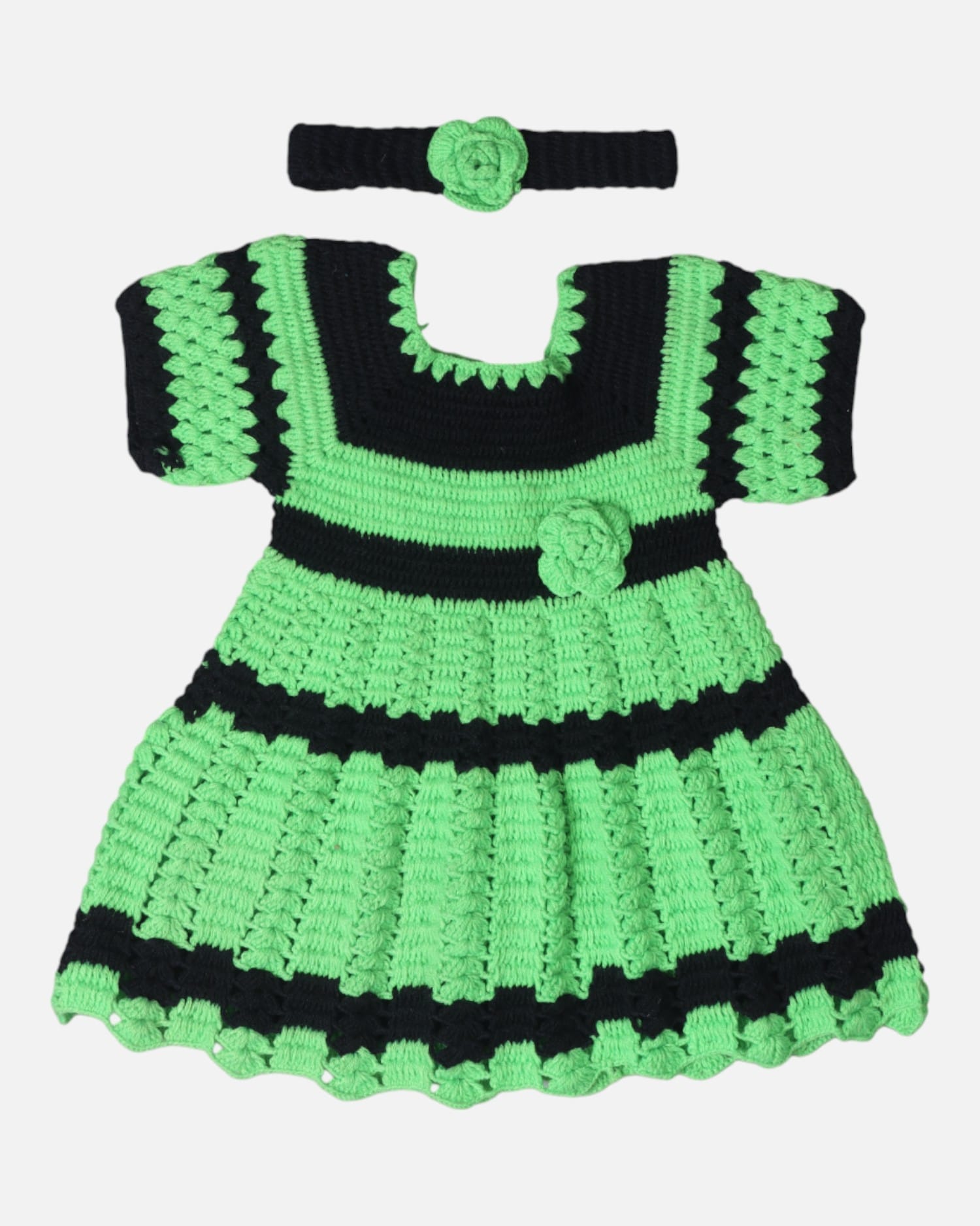 Green & Black Handmade Knitted Baby Dress