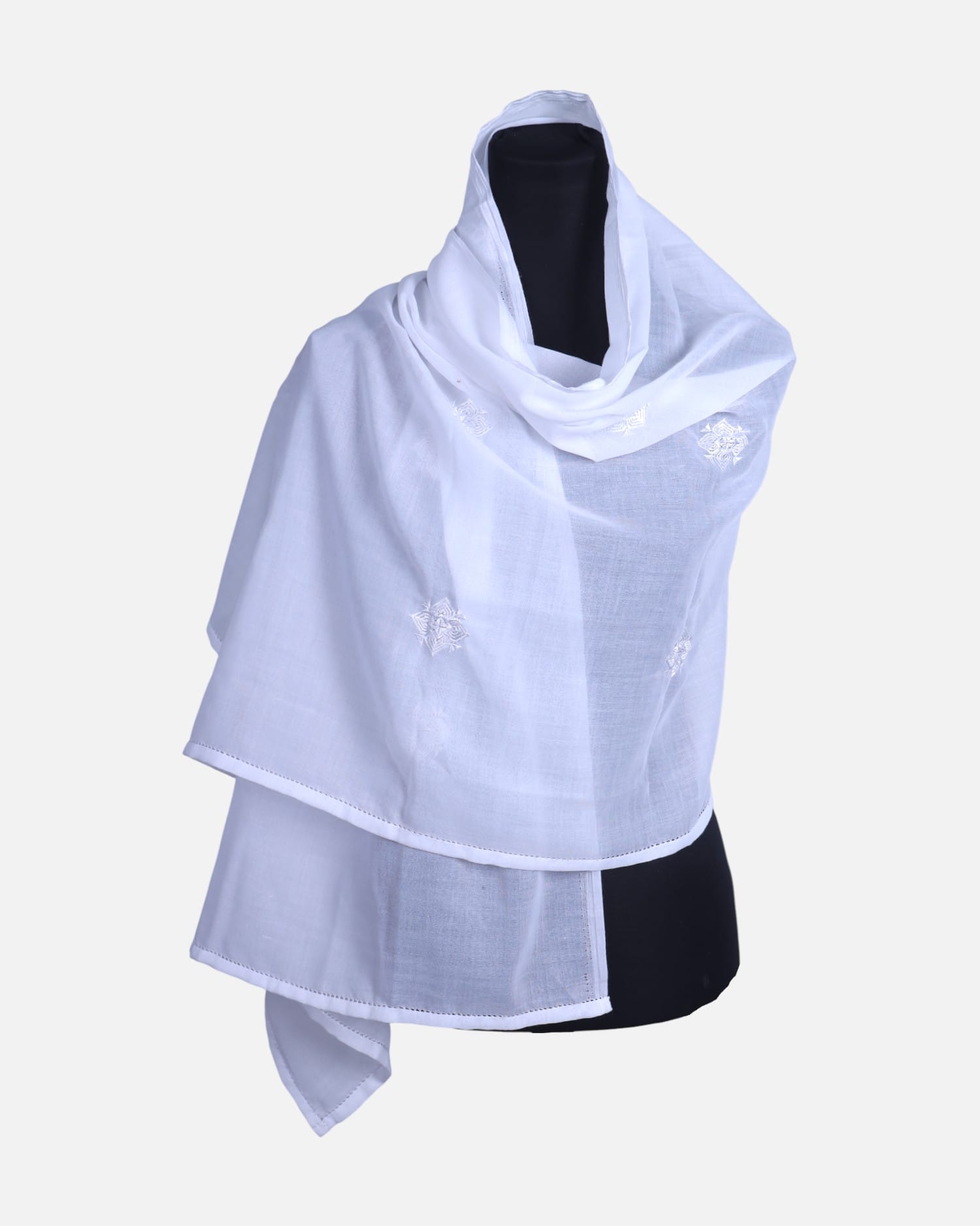 Hand Embroidered White Scarf | White Scarf with Subtle Traditional Floral Motifs