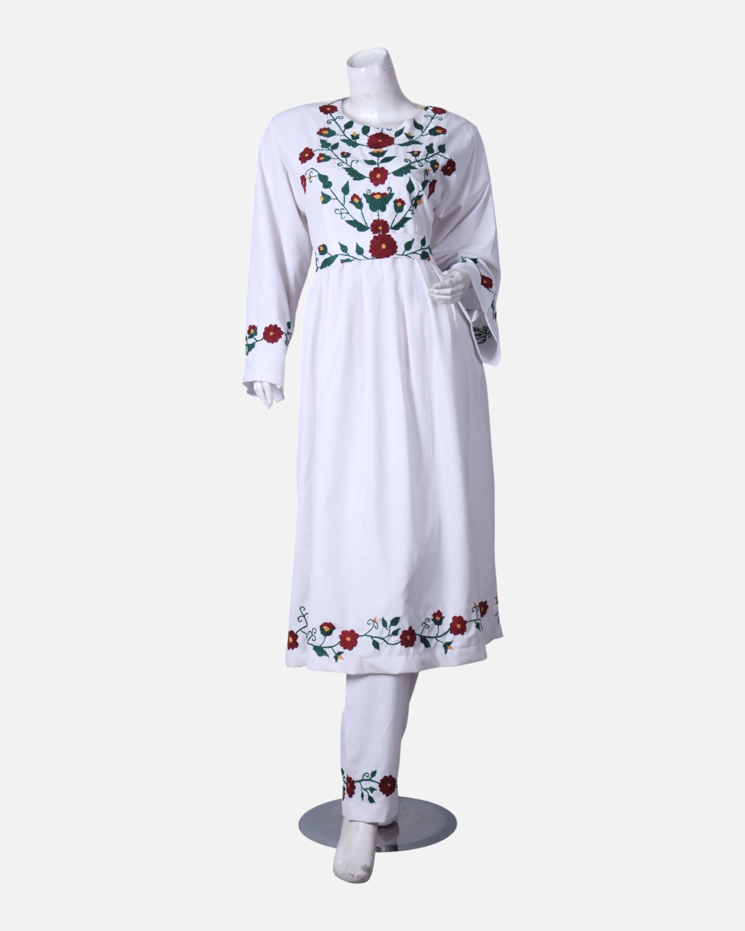 White Tajik Embroidered Women’s Dress, Handmade Floral Stitch Dress