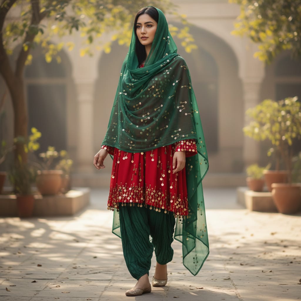 Red Gand Dress with Green Shawl and Pant Hand Embroidery