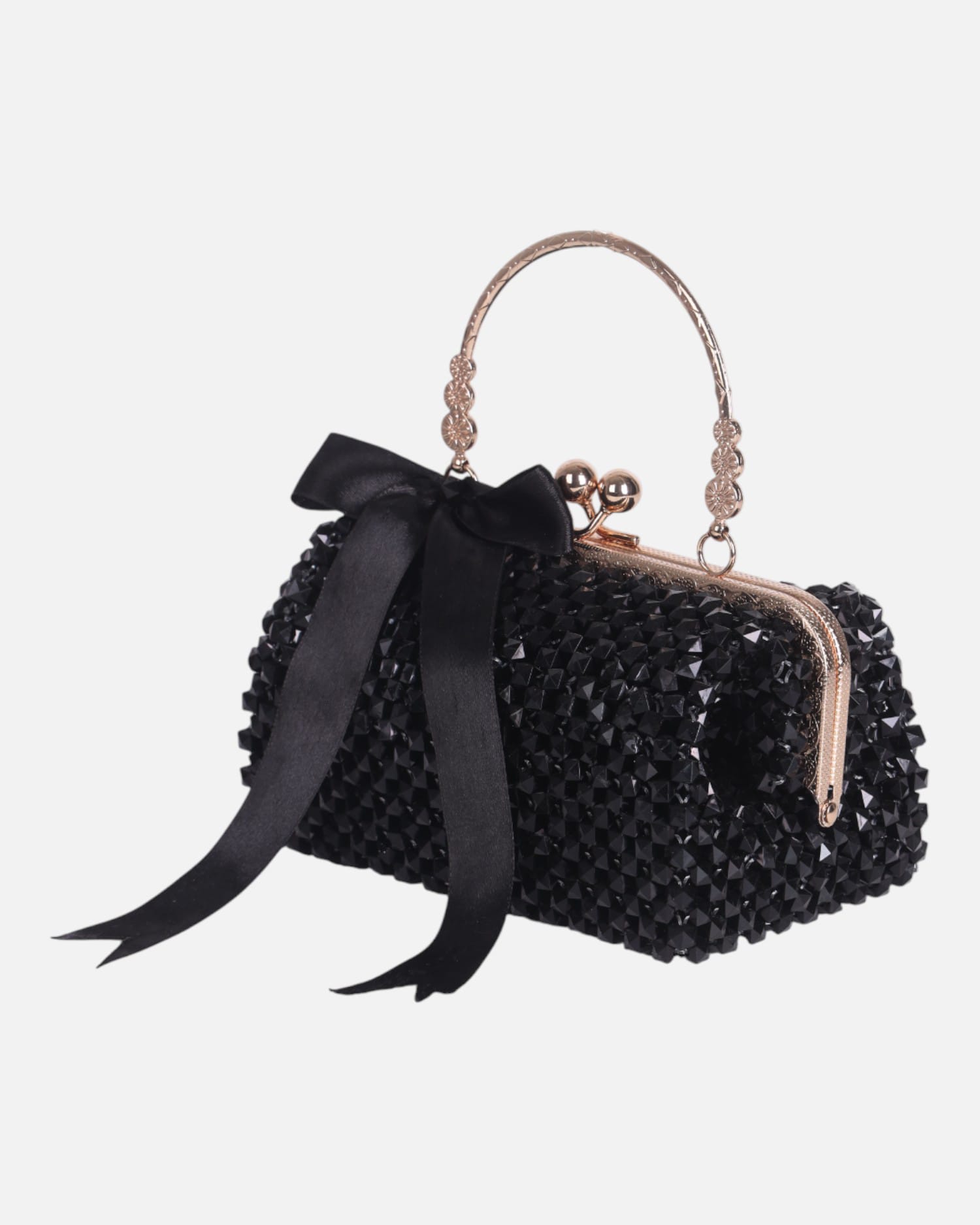 Black Crystal Beaded Evening Bag, Satin Bow Clutch, Handmade Sparkly Purse, Wedding Party Gift