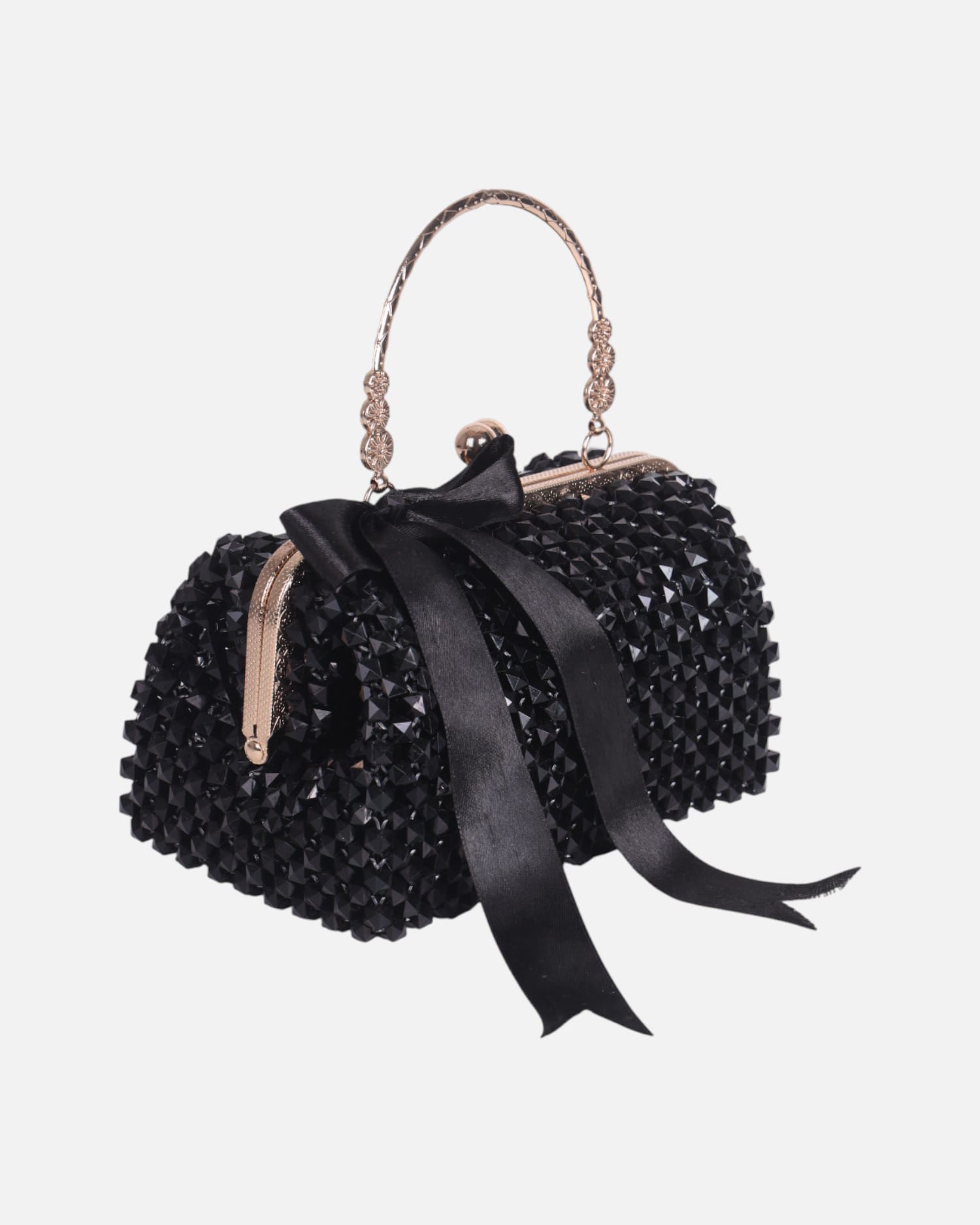 Black Crystal Beaded Evening Bag, Satin Bow Clutch, Handmade Sparkly Purse, Wedding Party Gift