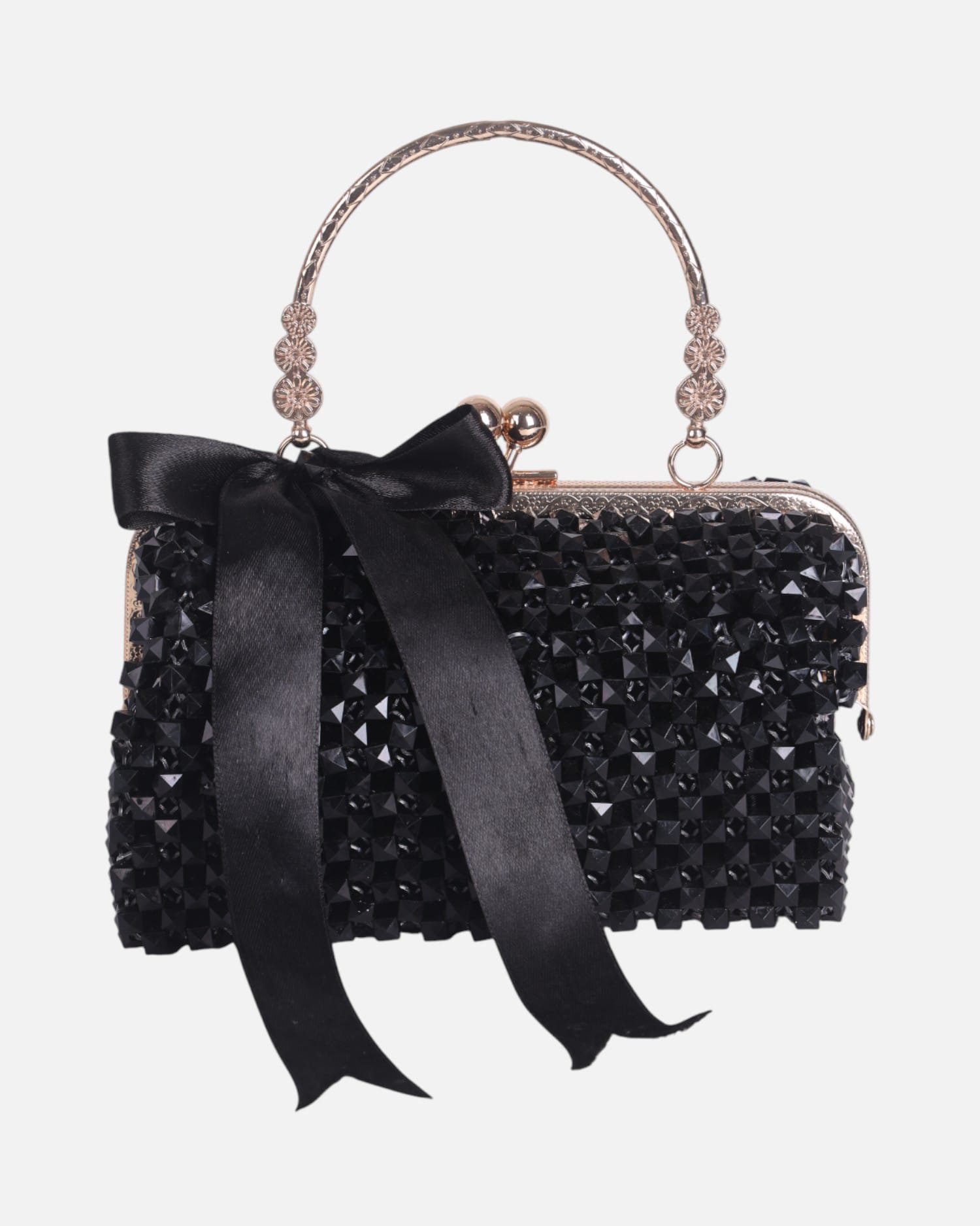 Black Crystal Beaded Evening Bag, Satin Bow Clutch, Handmade Sparkly Purse, Wedding Party Gift