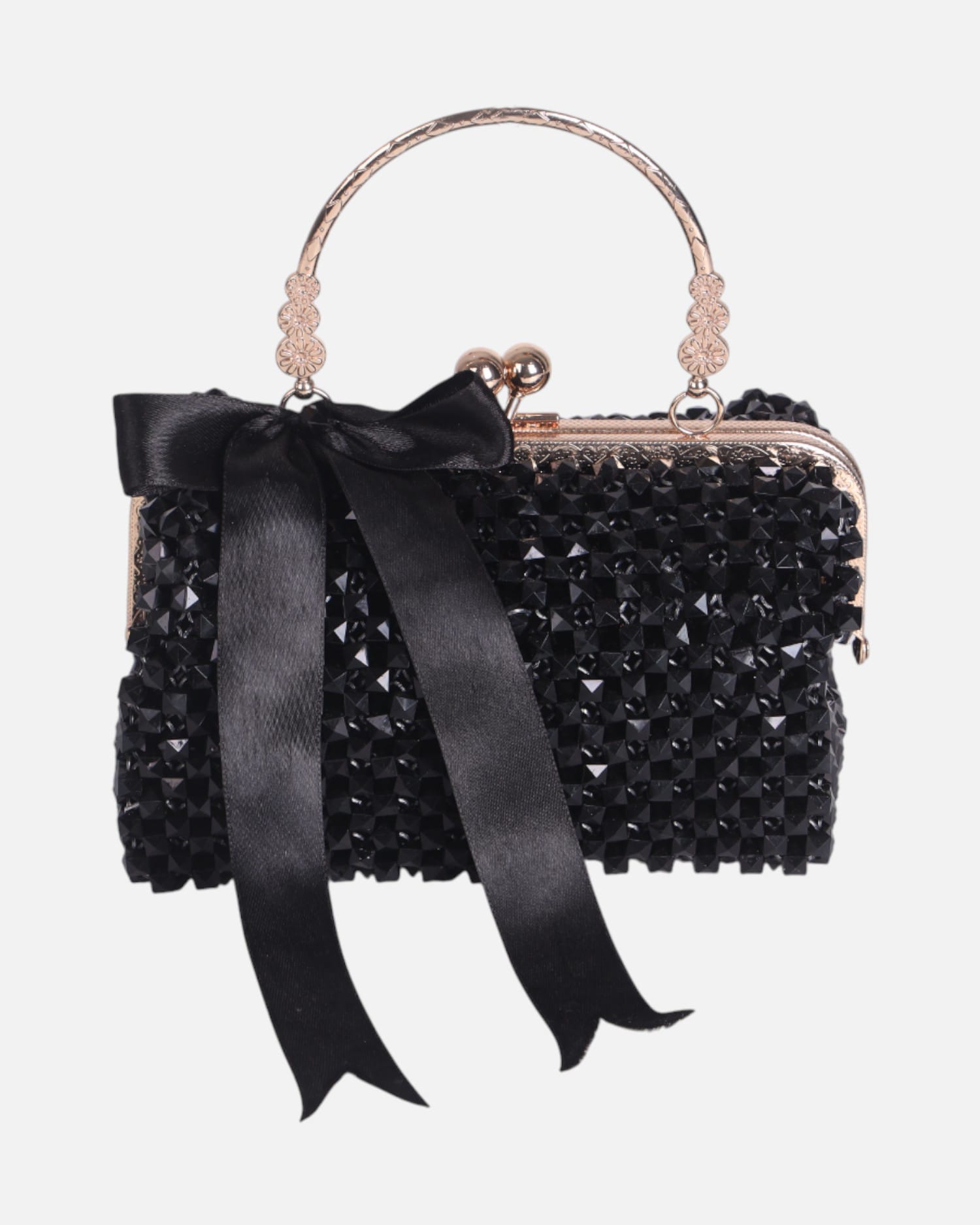 Black Crystal Beaded Evening Bag, Satin Bow Clutch, Handmade Sparkly Purse, Wedding Party Gift