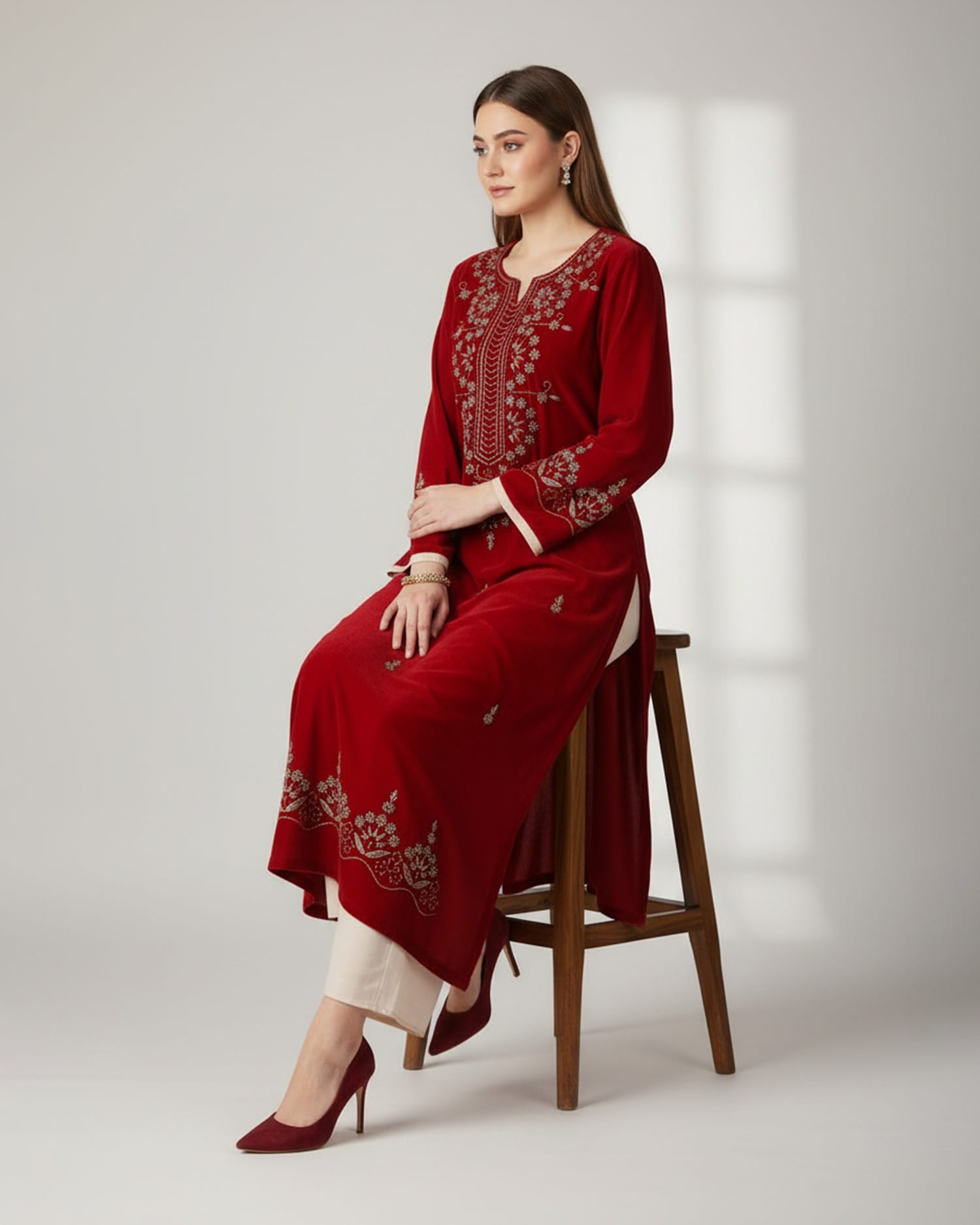 Two Layer Embroidered Dress – Red Handmade Beaded Sleeve & Hem Design