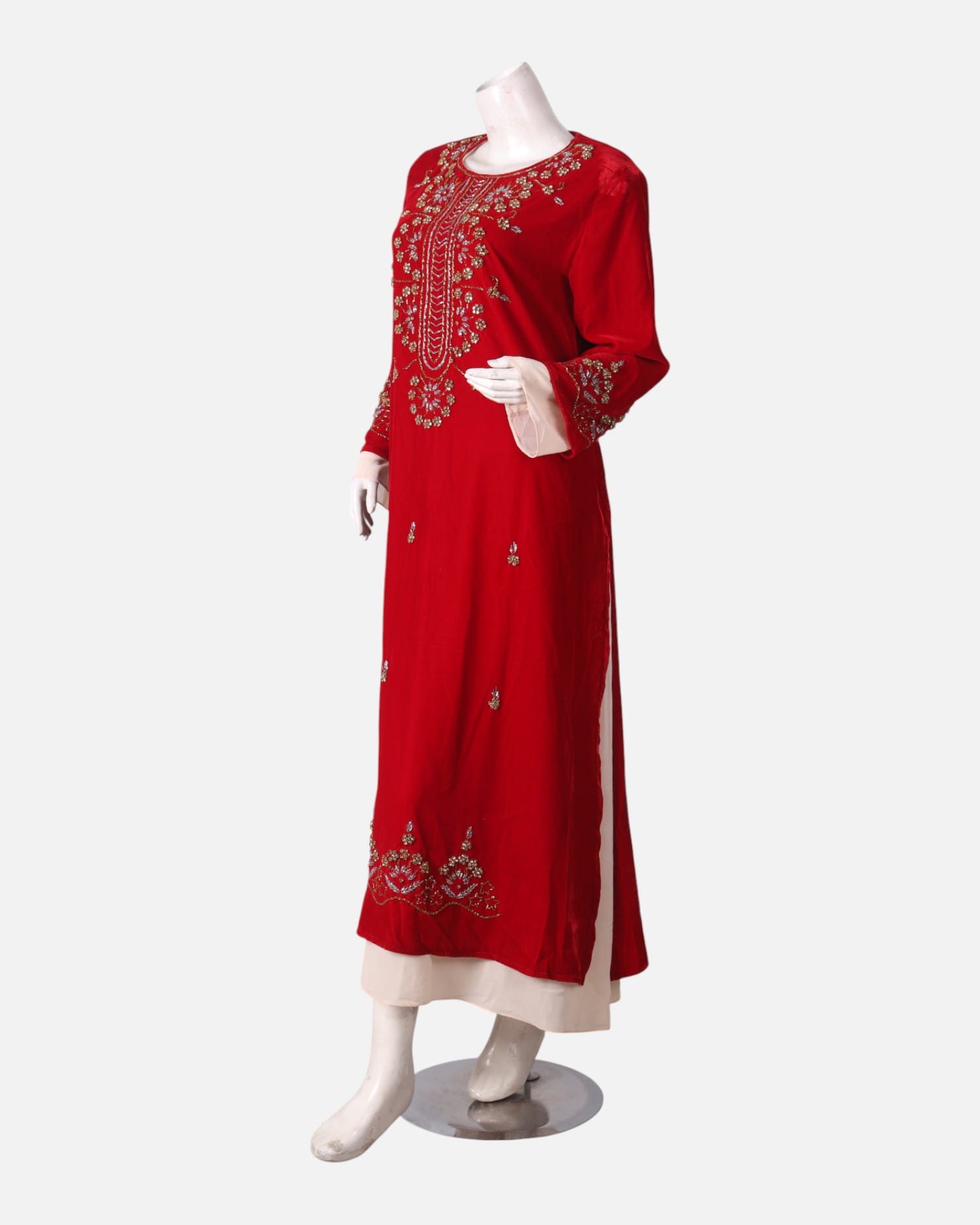 Two Layer Embroidered Dress – Red Handmade Beaded Sleeve & Hem Design