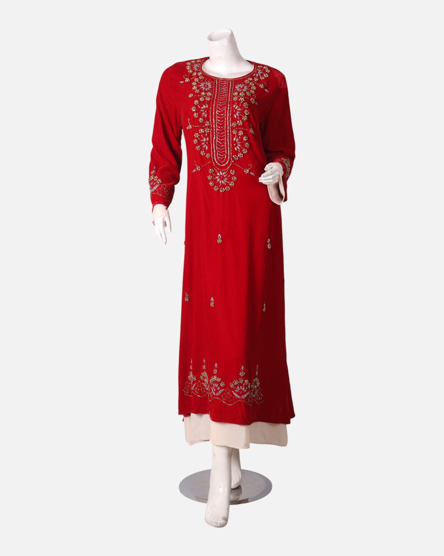 Two Layer Embroidered Dress – Red Handmade Beaded Sleeve & Hem Design