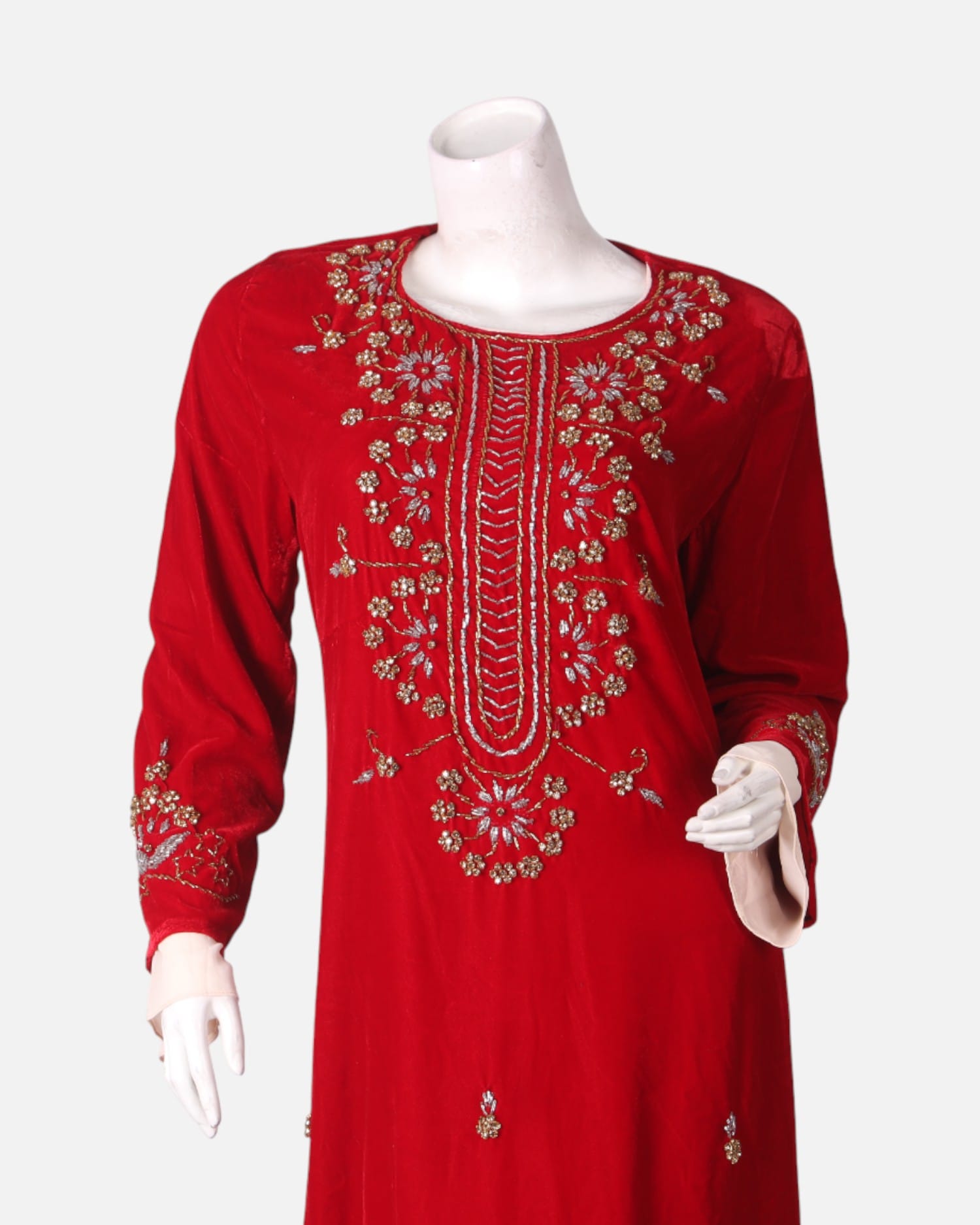 Two Layer Embroidered Dress – Red Handmade Beaded Sleeve & Hem Design