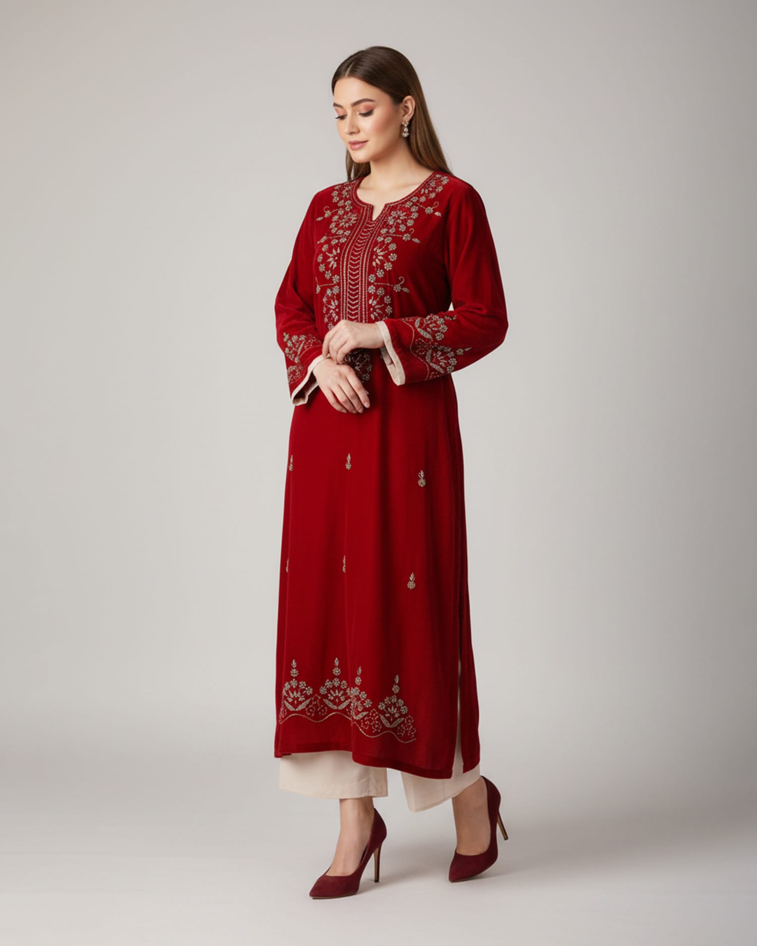 Two Layer Embroidered Dress – Red Handmade Beaded Sleeve & Hem Design