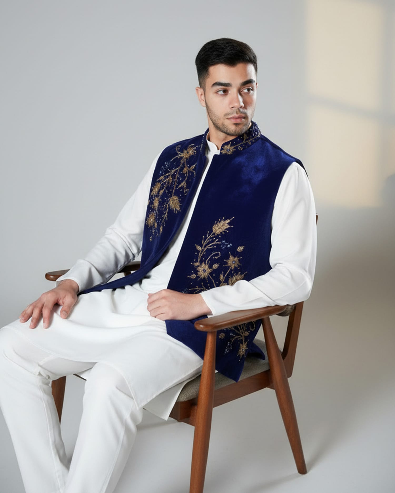Waistcoat Velvet Men’s Afghan – Handmade Blue Embroidered Traditional Vest