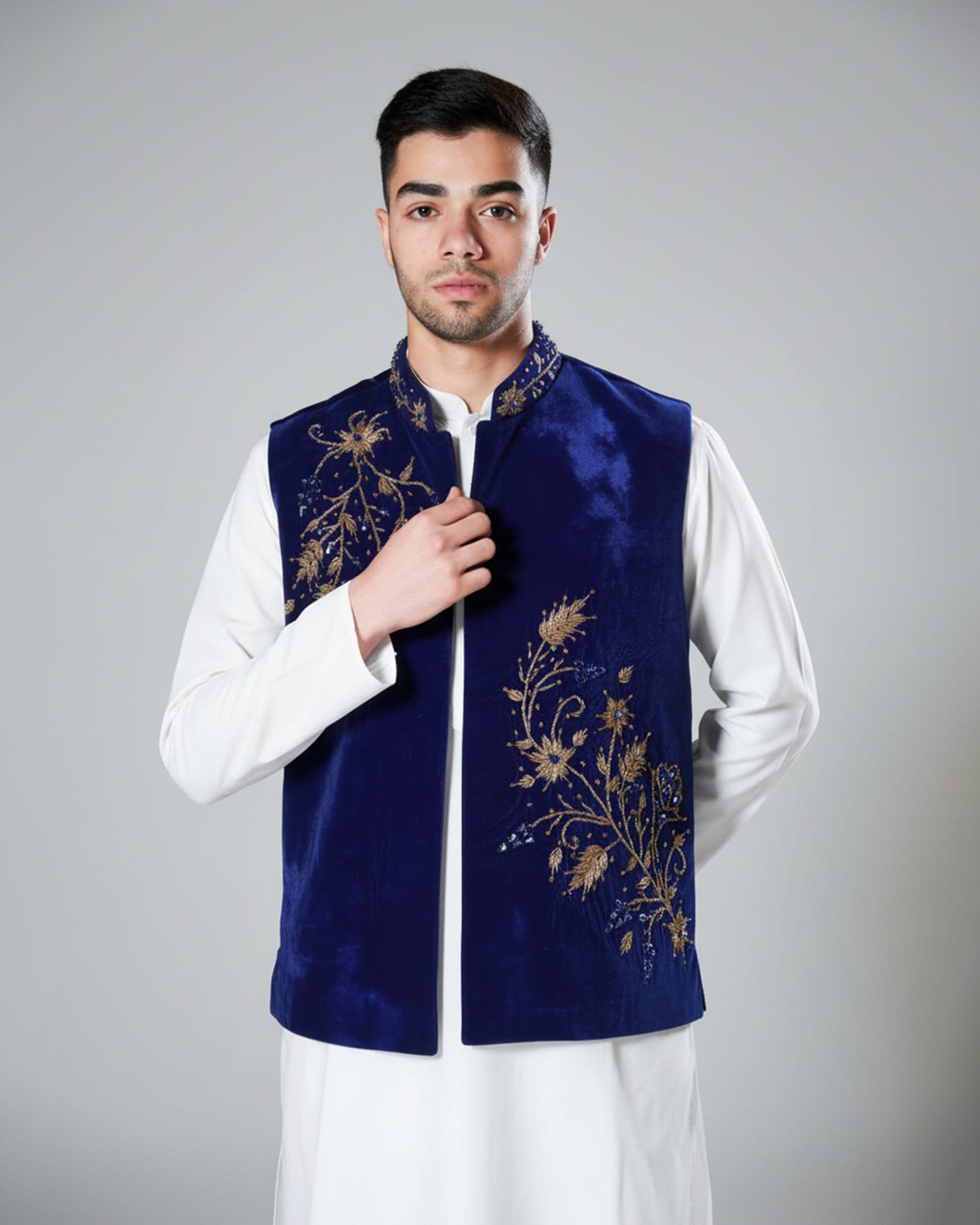 Waistcoat Velvet Men’s Afghan – Handmade Blue Embroidered Traditional Vest