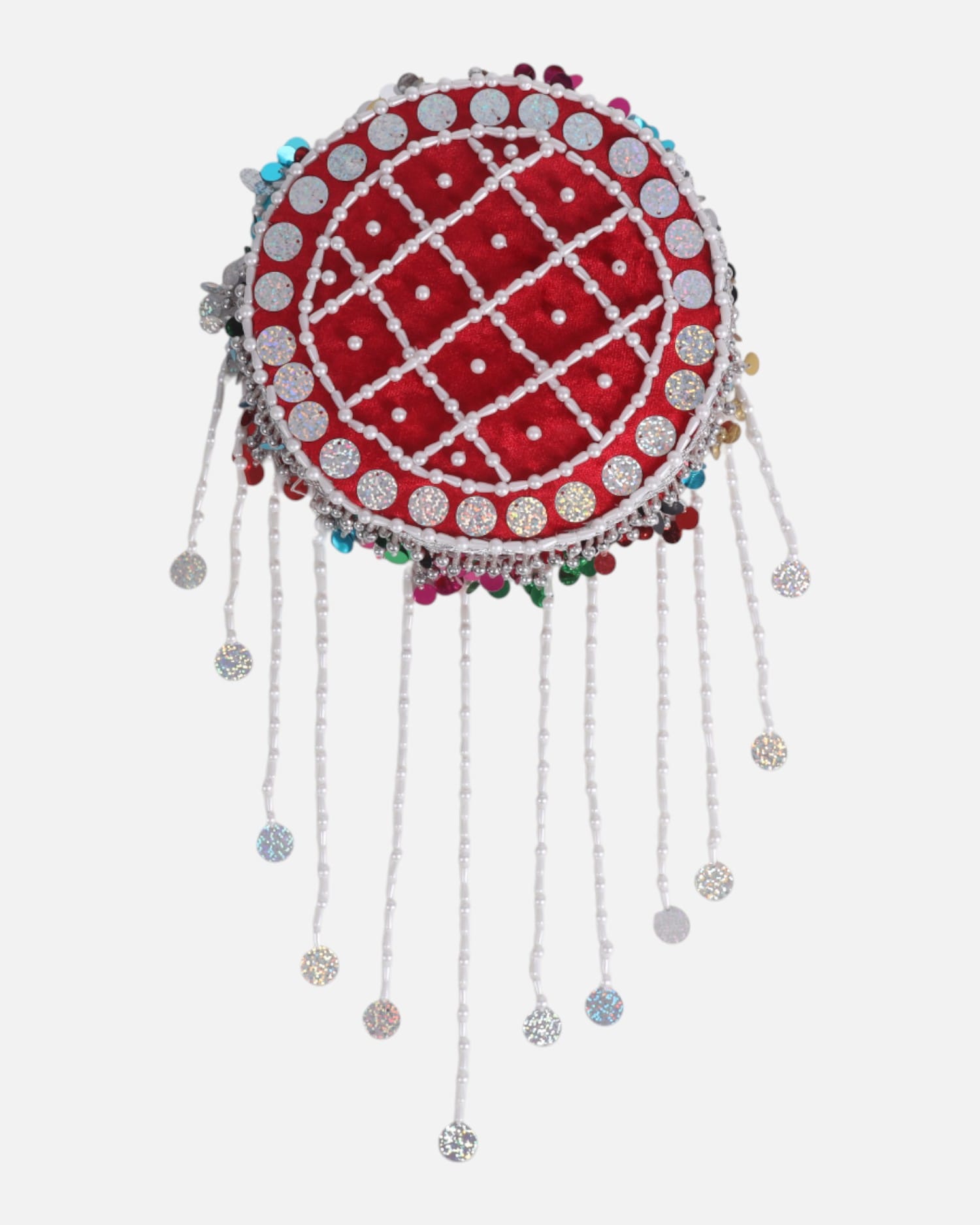 Hat Red Silk Embroidered Kuchi Cap with Beads & Coins