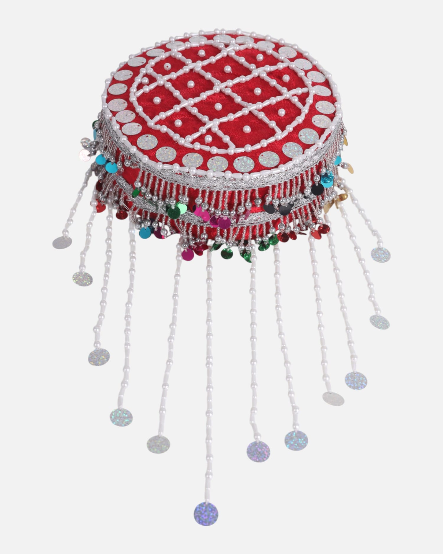 Hat Red Silk Embroidered Kuchi Cap with Beads & Coins