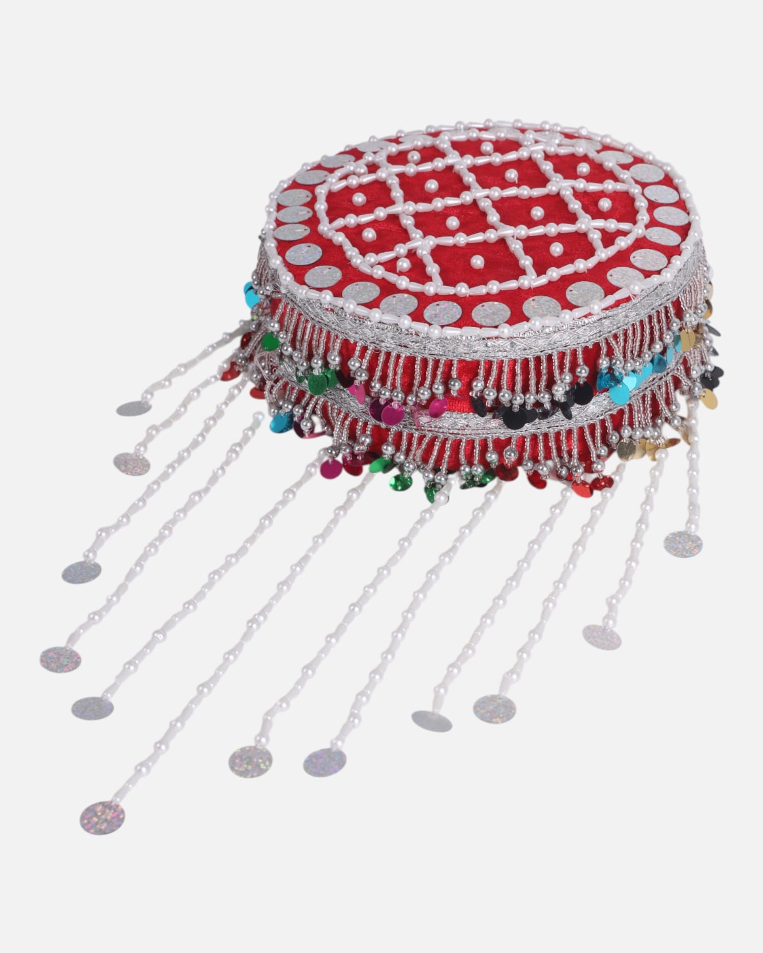 Hat Red Silk Embroidered Kuchi Cap with Beads & Coins
