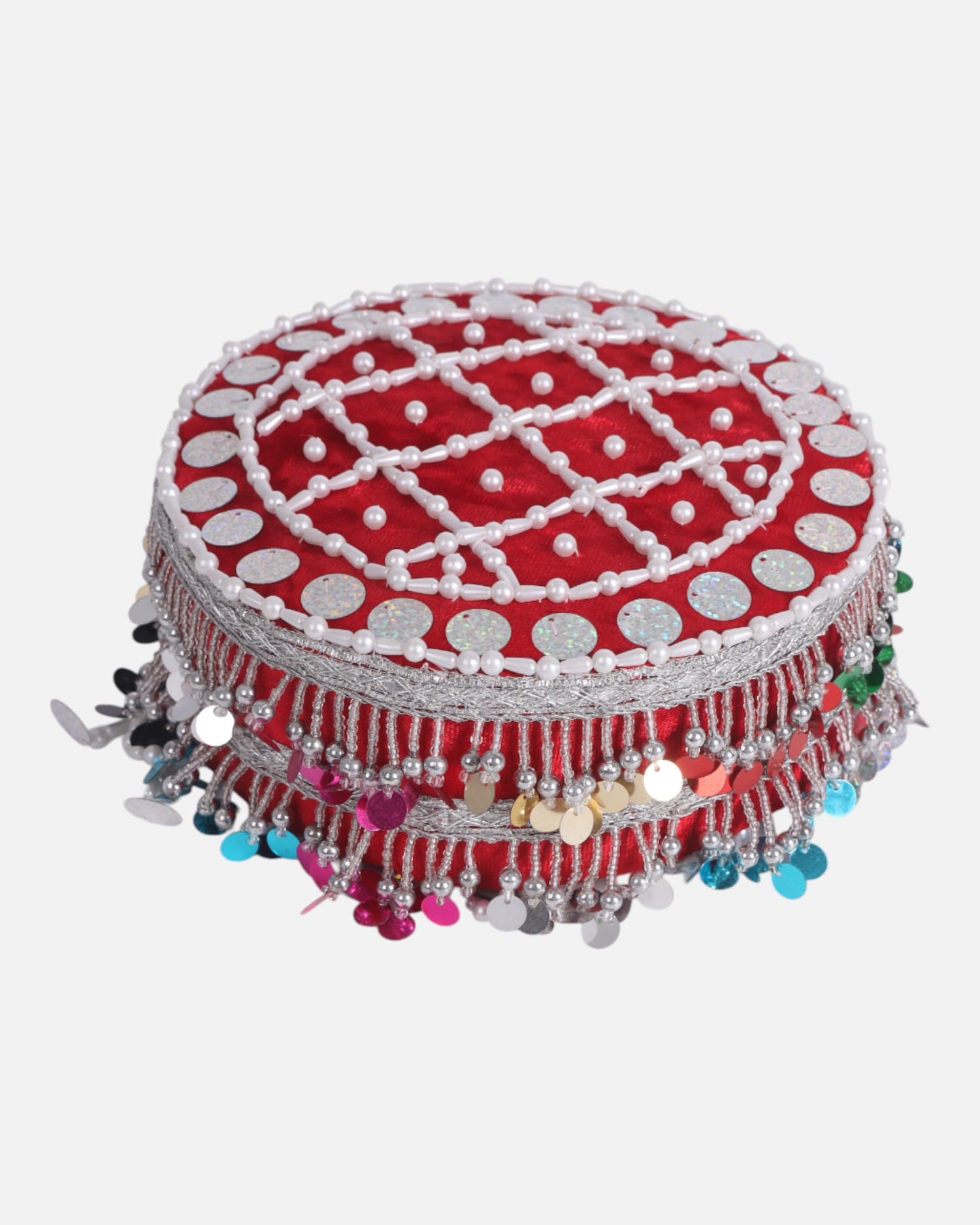 Hat Red Silk Embroidered Kuchi Cap with Beads & Coins