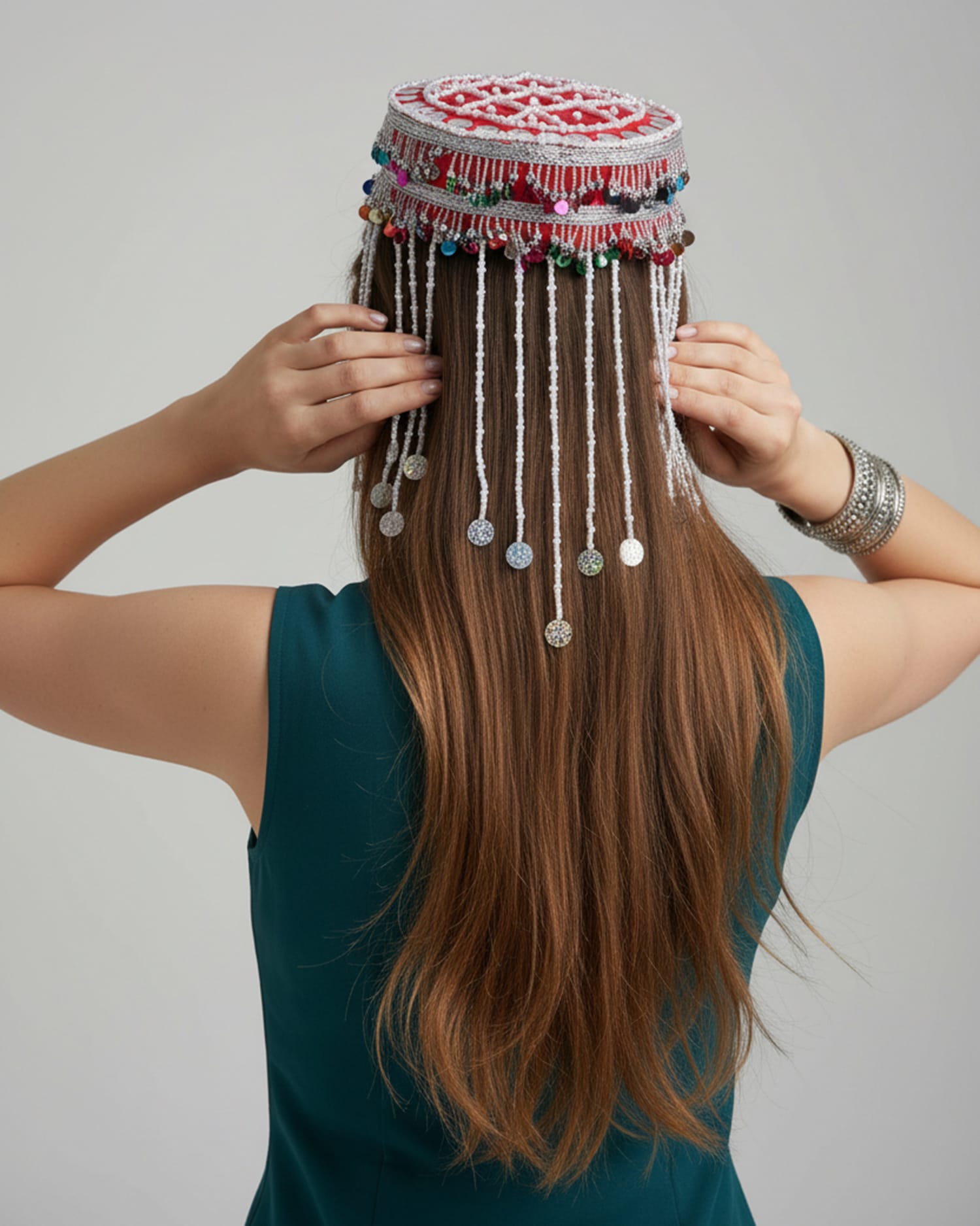 Hat Red Silk Embroidered Kuchi Cap with Beads & Coins