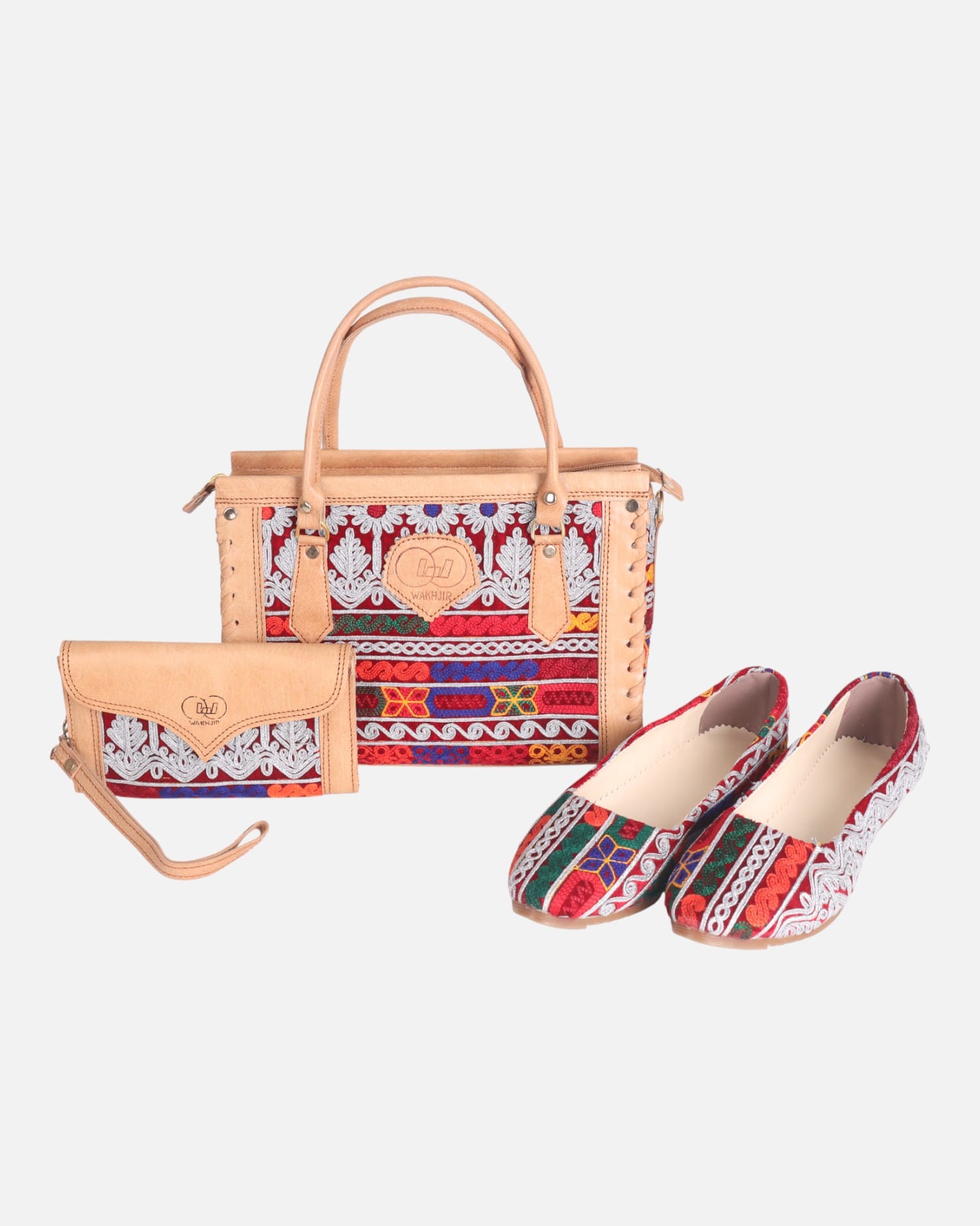 Bag, Shoes & Pouch Set – Natural Tan Goat Leather with Traditional